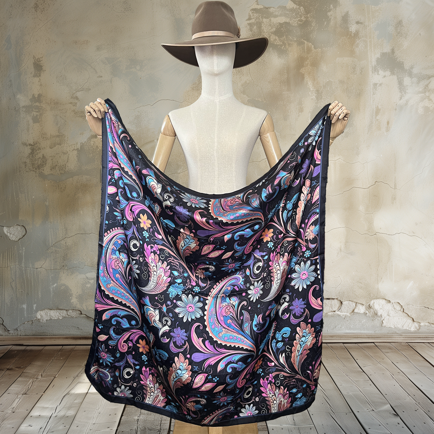 Embrace elegance with Paisley Dream in Navy Wild Rag. A dark navy background adorned with purple and blue paisley-style leaves graces this 39" square of
100% satin silk. Elevate your style with this sophisticated and versatile accessory.