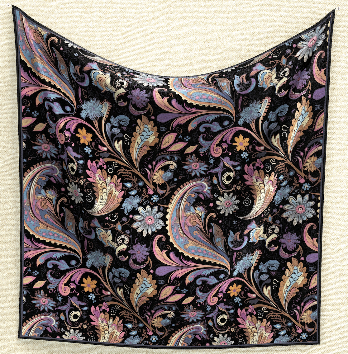 Elevate your style with Paisley Dream in Navy Wild Rag. Crafted from poly/mulberry silk, this 35" square features a dark navy background adorned with purple and blue paisley-style leaves, adding sophistication to your ensemble.