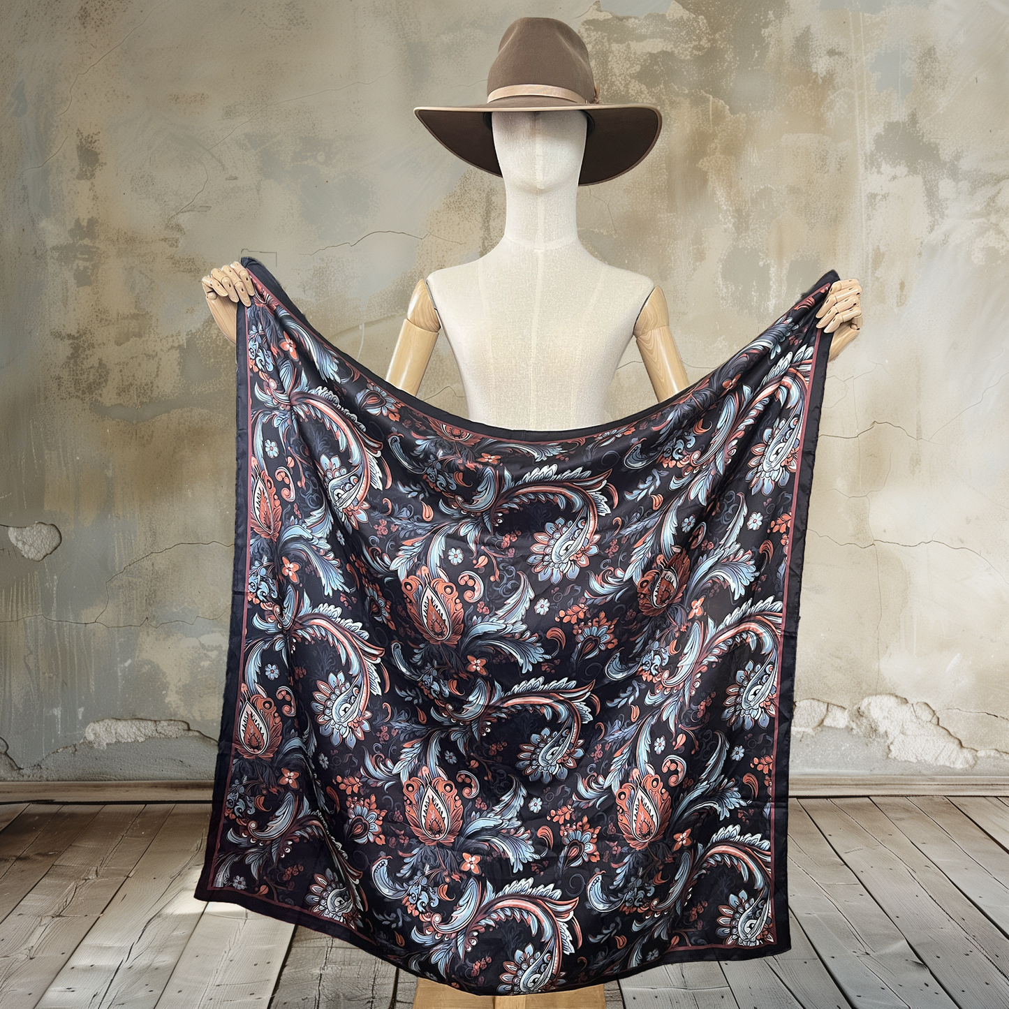 Uncover the allure of Paisley Enigma Wild Rag. Against a black background, grey and orange paisley patterns dance on this 39" square of 100% satin silk. Elevate your Western style with this mysterious and vibrant accessory.