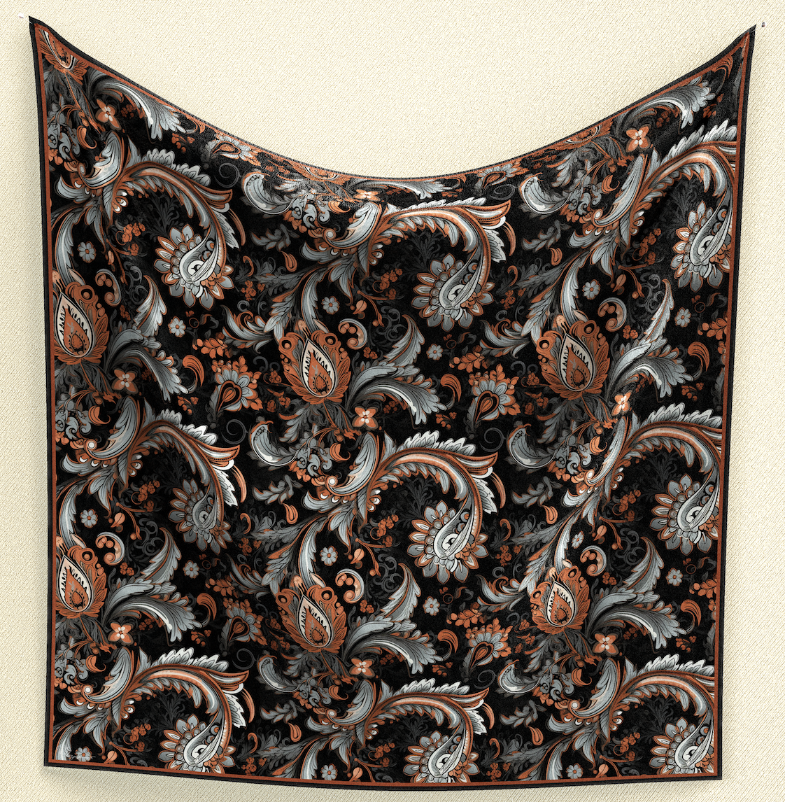 A modern paisley wild rag in rich black and rust tones. Luxurious satin silk with Eliza Singer’s signature in the corner.