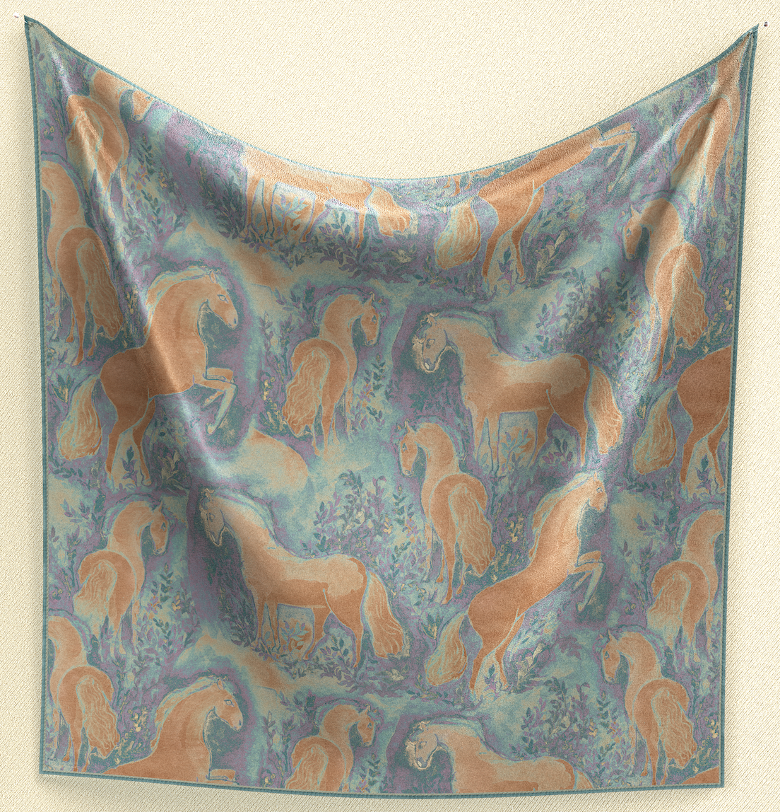 Ride into style with Palomino Daydreams Wild Rag. Crafted from extra-fine poly/mulberry silk, this 35" square features a denim blue background adorned with watercolor palomino horses. Elevate your look with this Western-inspired accessory.