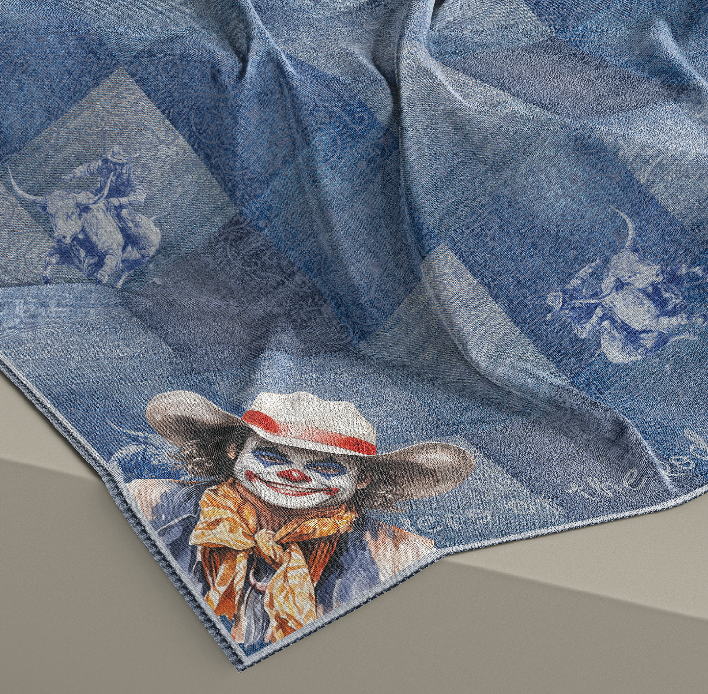 Celebrate the unsung heroes with this Rodeo Clown Wild Rag by Eliza Singer. Denim patchwork, sketched bulls, and 4 unique clown portraits. Satin silk.