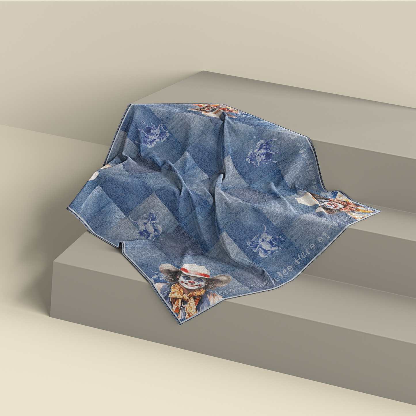 Celebrate the unsung heroes with this Rodeo Clown Wild Rag by Eliza Singer. Denim patchwork, sketched bulls, and 4 unique clown portraits. Satin silk.