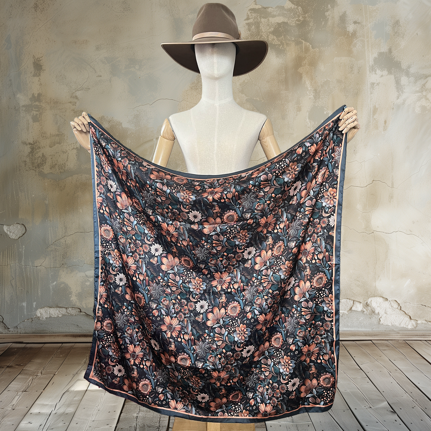 Embrace elegance with Sage Copper Blooms Wild Rag. Crafted from 100% satin silk in a luxurious 39" square, this scarf features copper and sage green blooms that effortlessly complement a variety of colors. Elevate your style with this versatile and chic accessory.