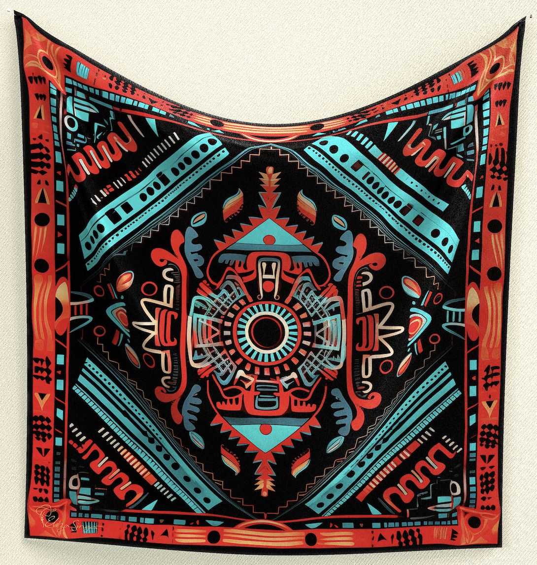 Infuse your style with Tribal Essence Wild Rag. Crafted from poly/mulberry silk, this 35" square features a tribal Aztec-style print on black, with turquoise, orange, and red details, adding a bold and cultural essence to your ensemble.Infuse your style with Tribal Essence Wild Rag. Crafted from poly/mulberry silk, this 35" square features a tribal Aztec-style print on black, with turquoise, orange, and red details, adding a bold and cultural essence to your ensemble.