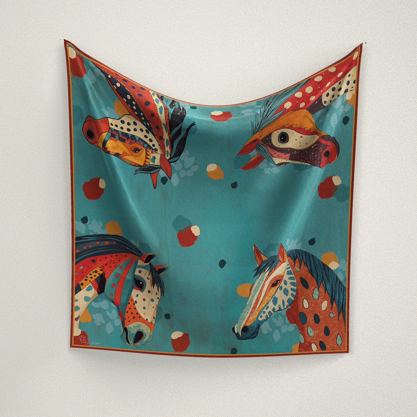 Bold Southwestern wild rag inspired by native jewelry. Featuring turquoise, coral, and rust. Made from satin silk and signed by Eliza Singer.