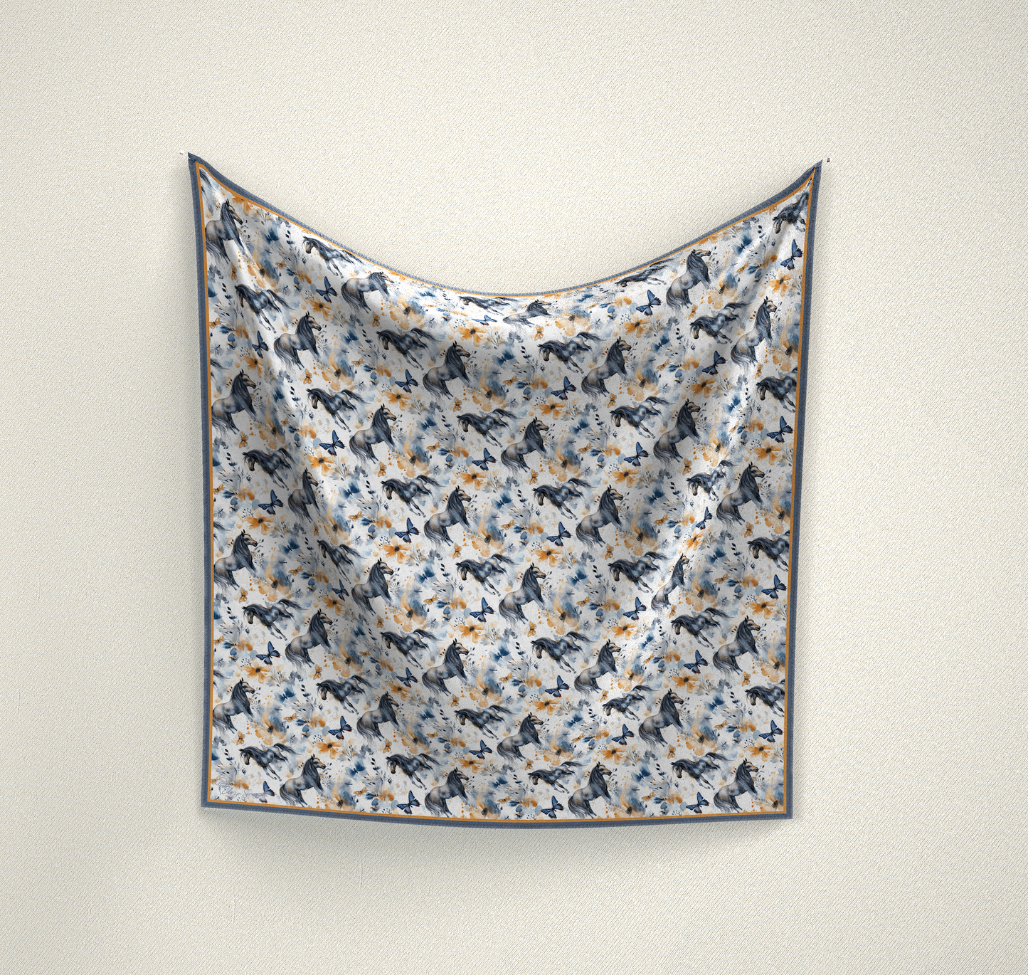 Introducing our Horses and Butterflies Wild Rag, a luxurious satin silk scarf measuring 100x100 cm. In stunning shades of white, denim, blue, and mustard, this scarf features a beautiful print of horses and butterflies. Versatile and stylish, it will perfectly complement any outfit.