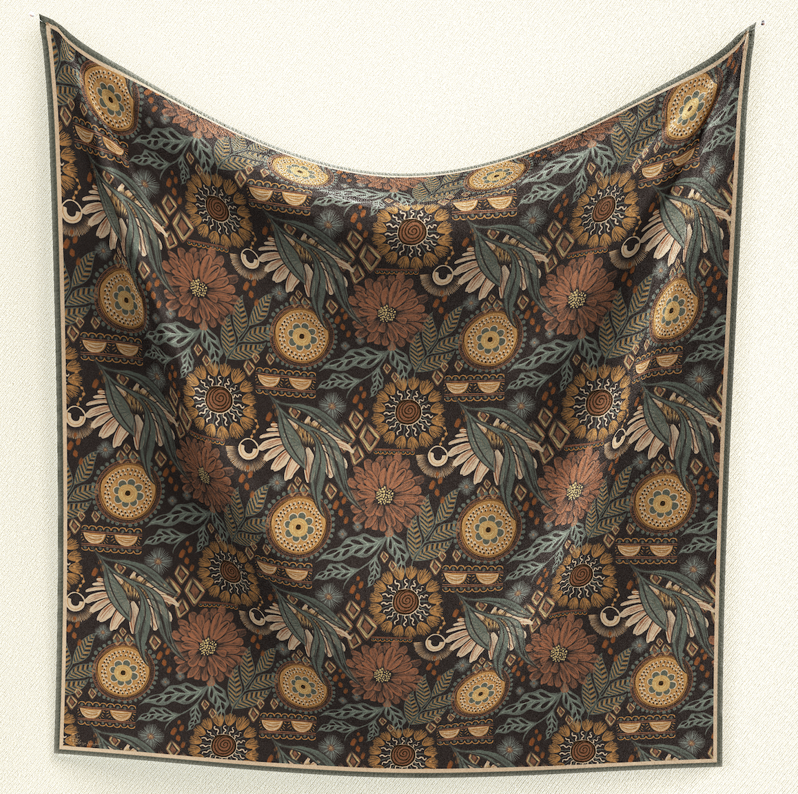 Bohemian Bliss Wild Rag: Indulge in luxury with this 35" square scarf crafted from extra fine poly/mulberry silk. Adorned with a boho daisy and medallion print, its versatile design complements any outfit or occasion. The earthy tones add a classic touch, making it a must-have accessory to elevate your wardrobe. #BohemianBliss #LuxuryFashion #WildRag