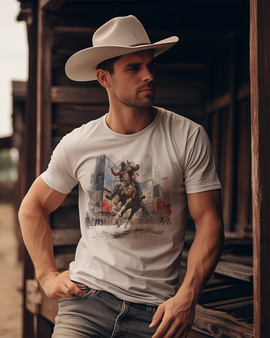 Saddle up for an urban rodeo adventure with our Bella Canvas Unisex T-shirt. Witness a fearless cowboy navigating the energetic landscape of Times Square. This unique design seamlessly blends the excitement of the rodeo with the vibrant spirit of the city. Elevate your style with this dynamic tee that captures the essence of cowboy charisma in the heart of the metropolis.