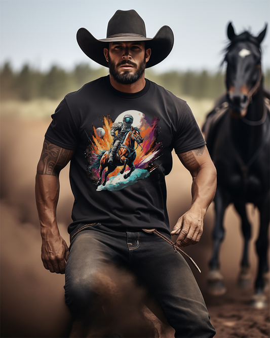 Saddle up for an intergalactic rodeo with our Bella Canvas Unisex T-shirt! This whimsical design features a cowboy riding through space, with a bucking horse for a cosmic rodeo twist. Let your style break free as the wild west meets the final frontier. Elevate your wardrobe with this playful tee that captures the spirit of adventure in every thread.