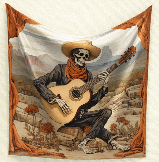 Immerse yourself in the mystique of the Wild West with Desert Serenade Desperado Wild Rag. Crafted from poly/mulberry silk, this 35" square features a skeleton desperado playing a guitar in the desert, surrounded by burnt orange flowers and curtain details, adding a uniquely artistic and captivating touch to your ensemble.