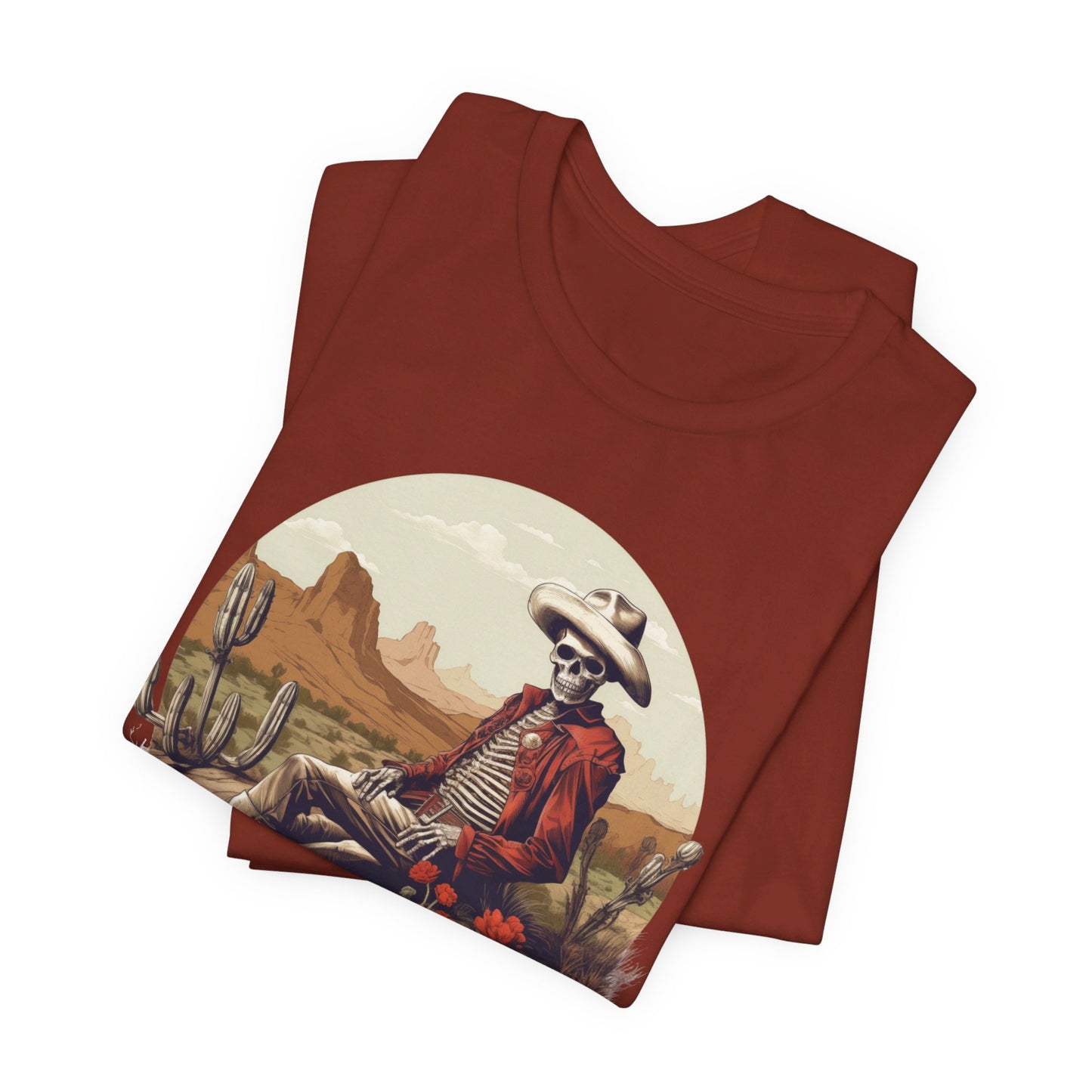 Skeleton Cowboy in Desert: Red Blazer Bella Canvas T-shirt