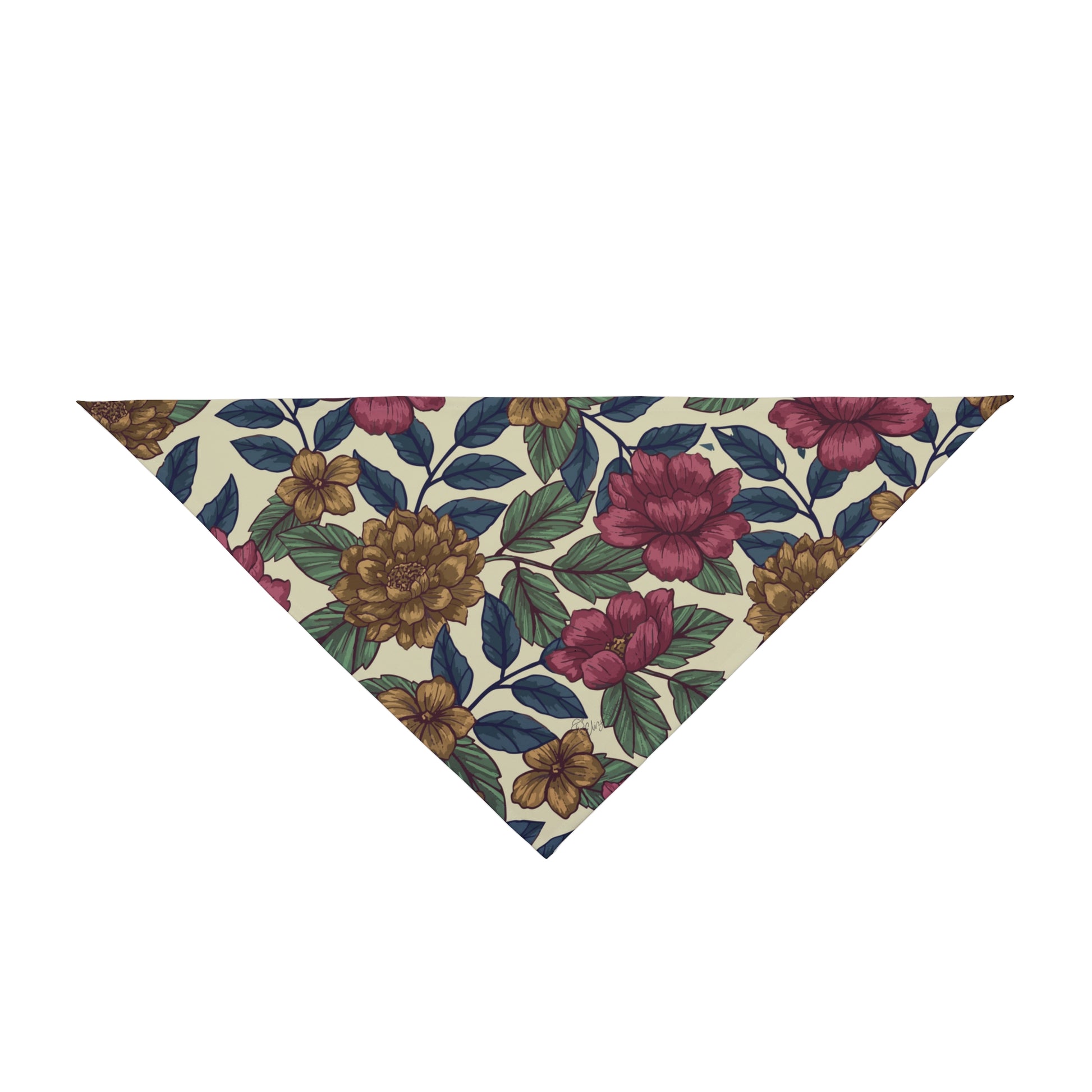 Transport your pup to a bygone era with our Vintage Charm Dog Bandana/Wild Rag. The vintage floral pattern on a mustard, burgundy, sand background with navy elements exudes timeless elegance. Crafted from soft-spun polyester, this wild rag ensures comfort and style. Elevate your dog's look with this exclusive design, available only at Eliza Singer. 