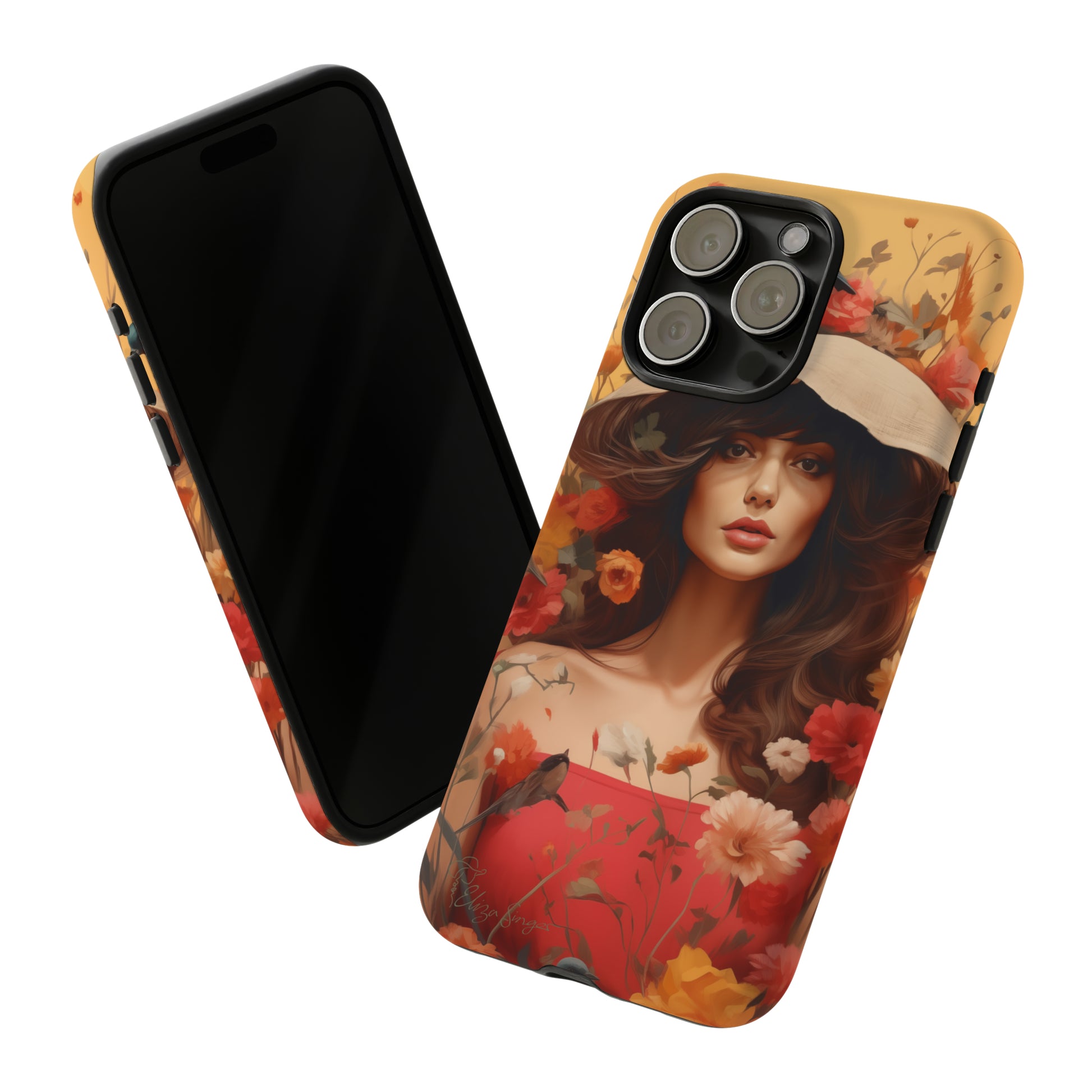 Bask in Sunshine: Embrace the warmth with our Tough Cell Phone Case. A yellow backdrop and a woman in a hat surrounded by flowers create a radiant design. Experience the perfect blend of style and protection, bringing sunshine into your everyday. Elevate your phone with a burst of brightness. #ElizaSinger #PhoneCase #SunshineRadiance