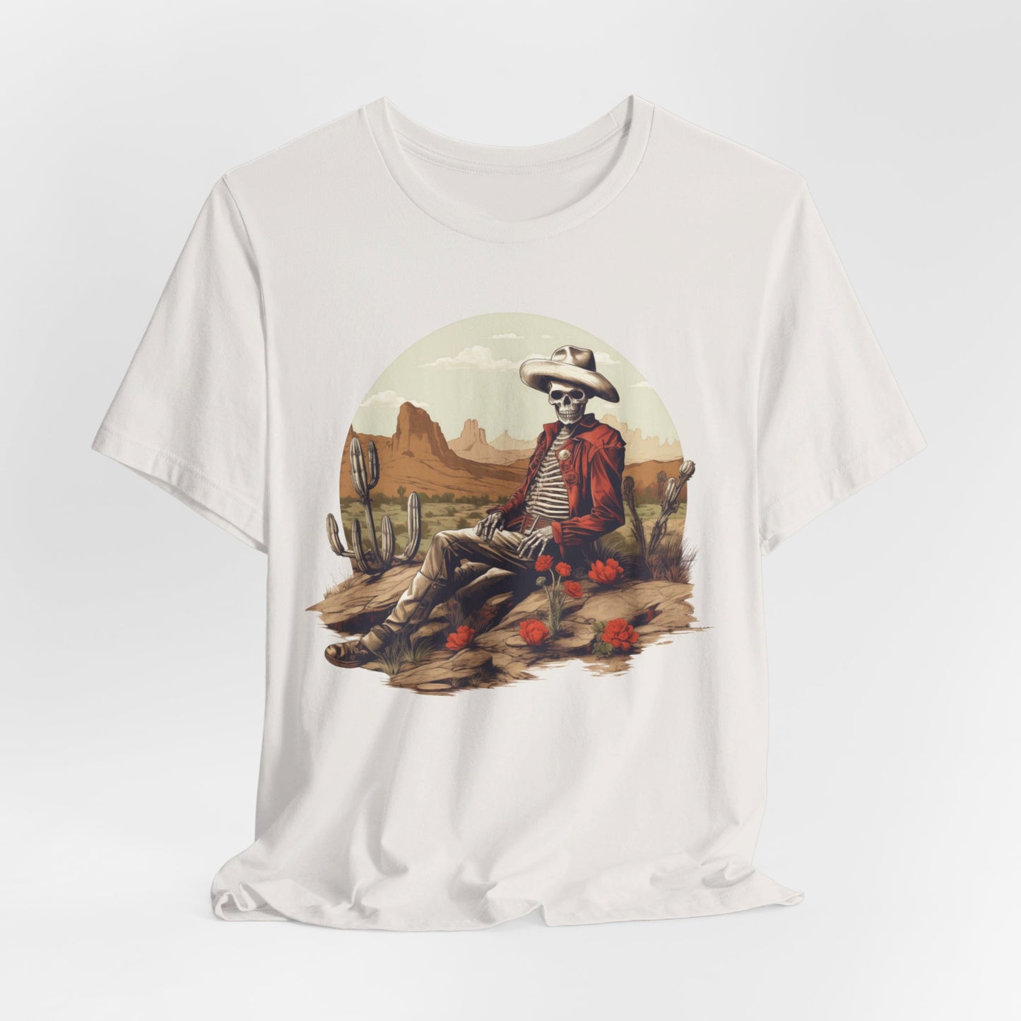 Skeleton Cowboy in Desert: Red Blazer Bella Canvas T-shirt