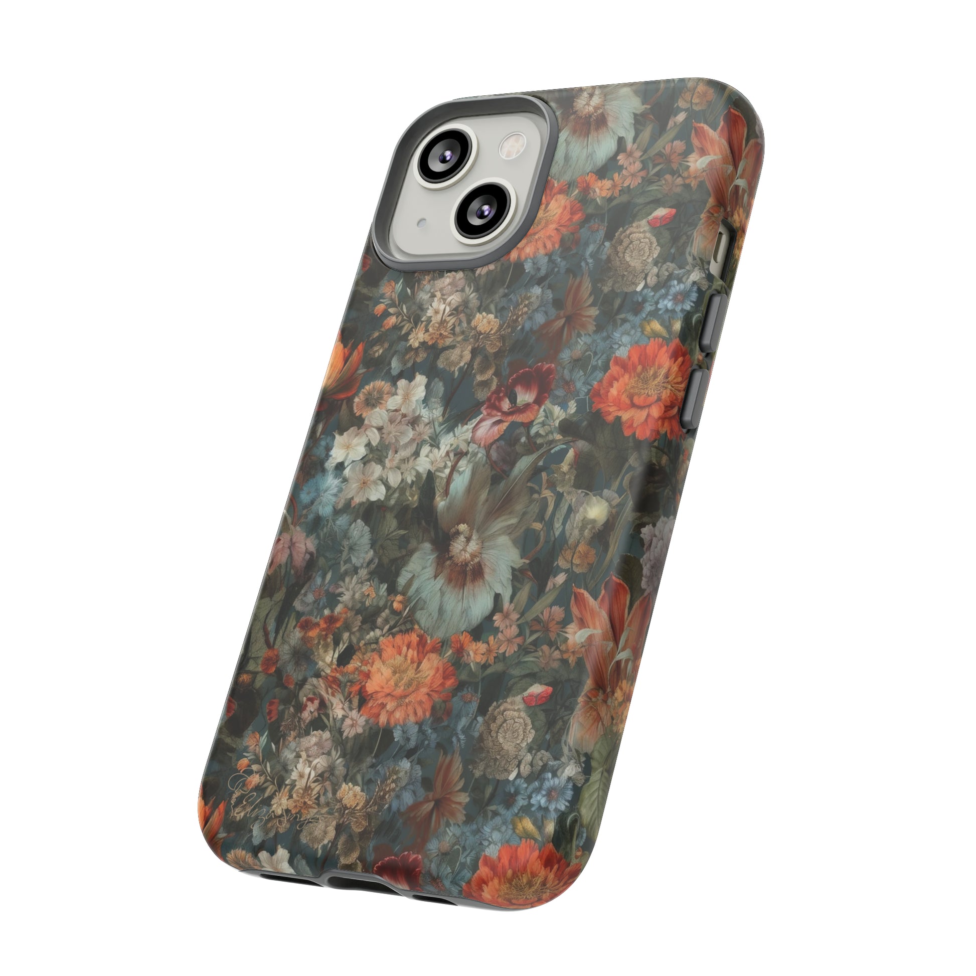 Blooms in Shadows: Botany Floral Dark Flowers iPhone Tough Protective Cover. A captivating blend of Flowers in muted colors, compatible with iPhone 15, 14, 13, XS, XR Pro/Max/Mini/P/Plus. Unleash Nature's Elegance with Durability and Style. #ElizaSinger #PhoneCase #FloralDesign
