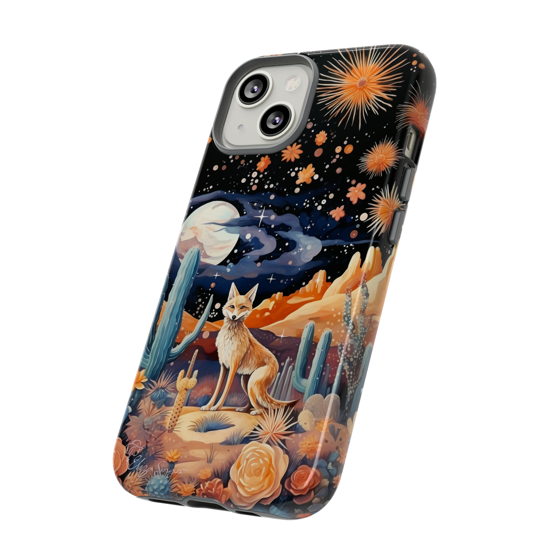 Introducing our Tough Western Cell Phone Case: Midnight Mirage Jackal Edition! Dive into the mysterious desert night with a striking depiction of a jackal, cacti, and a starry sky. This design offers the ideal combination of durability and desert charm.