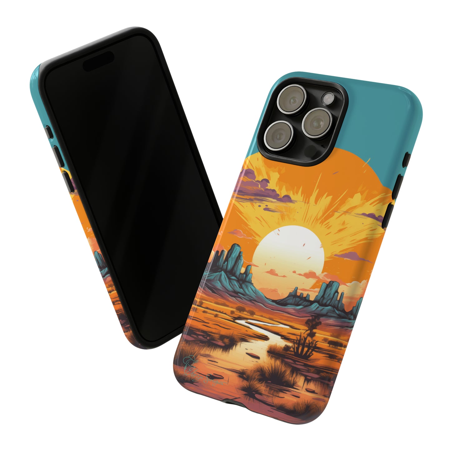 Introducing our Tough Western Cell Phone Case: Turquoise Twilight Oasis Edition! This captivating design showcases a serene landscape with a turquoise background and a mesmerizing setting sun. Enjoy the perfect blend of rugged protection and artistic flair.