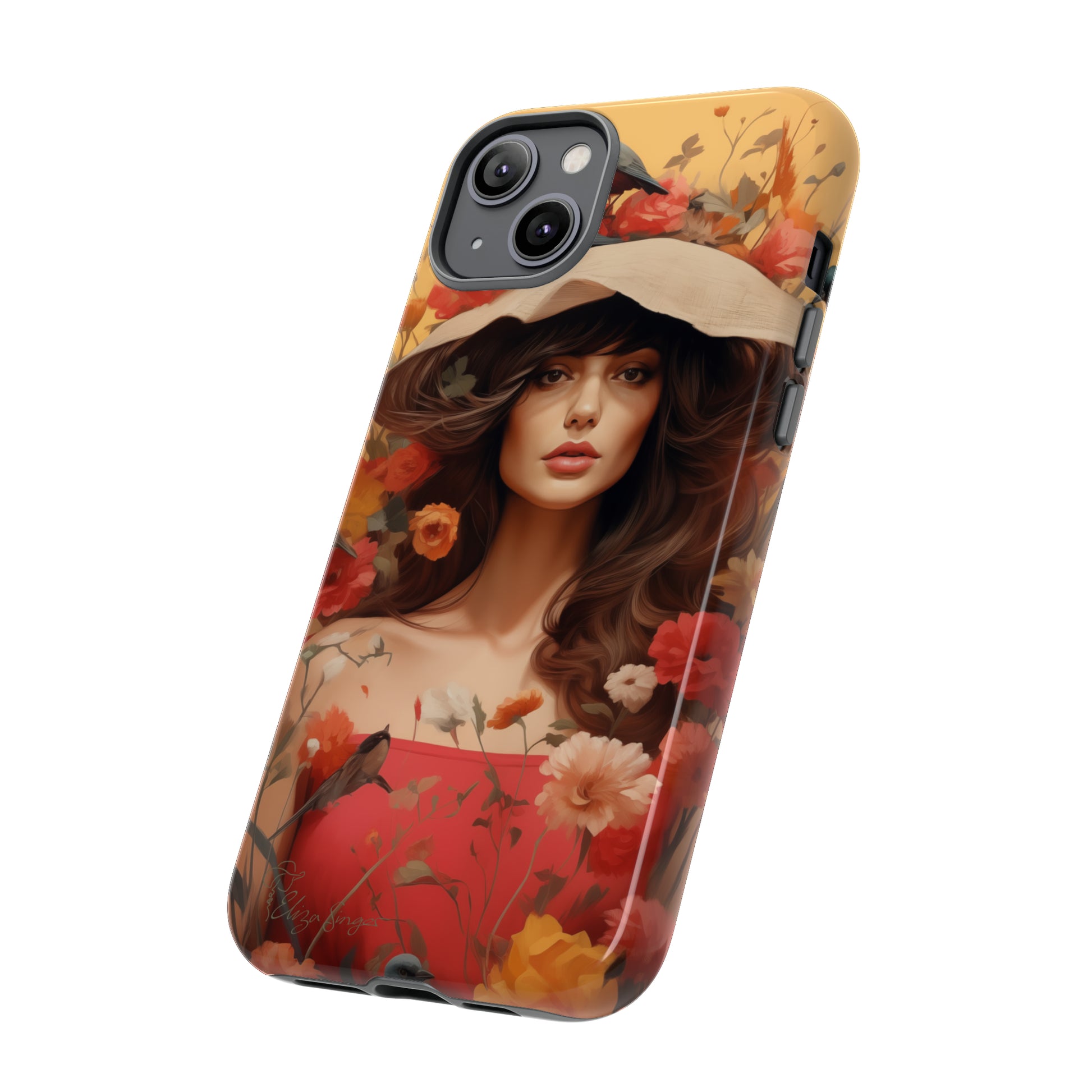 Bask in Sunshine: Embrace the warmth with our Tough Cell Phone Case. A yellow backdrop and a woman in a hat surrounded by flowers create a radiant design. Experience the perfect blend of style and protection, bringing sunshine into your everyday. Elevate your phone with a burst of brightness. #ElizaSinger #PhoneCase #SunshineRadiance