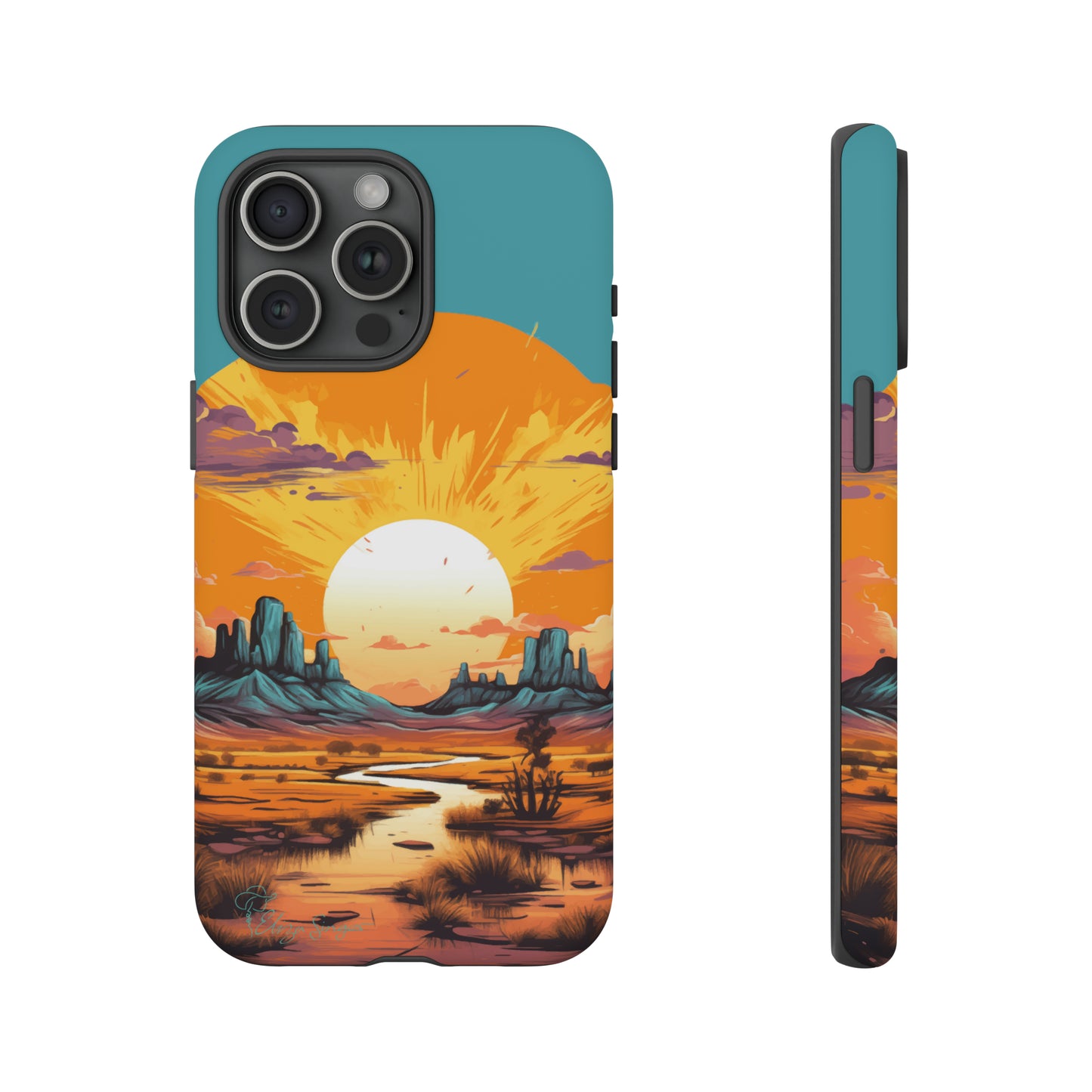 Introducing our Tough Western Cell Phone Case: Turquoise Twilight Oasis Edition! This captivating design showcases a serene landscape with a turquoise background and a mesmerizing setting sun. Enjoy the perfect blend of rugged protection and artistic flair.