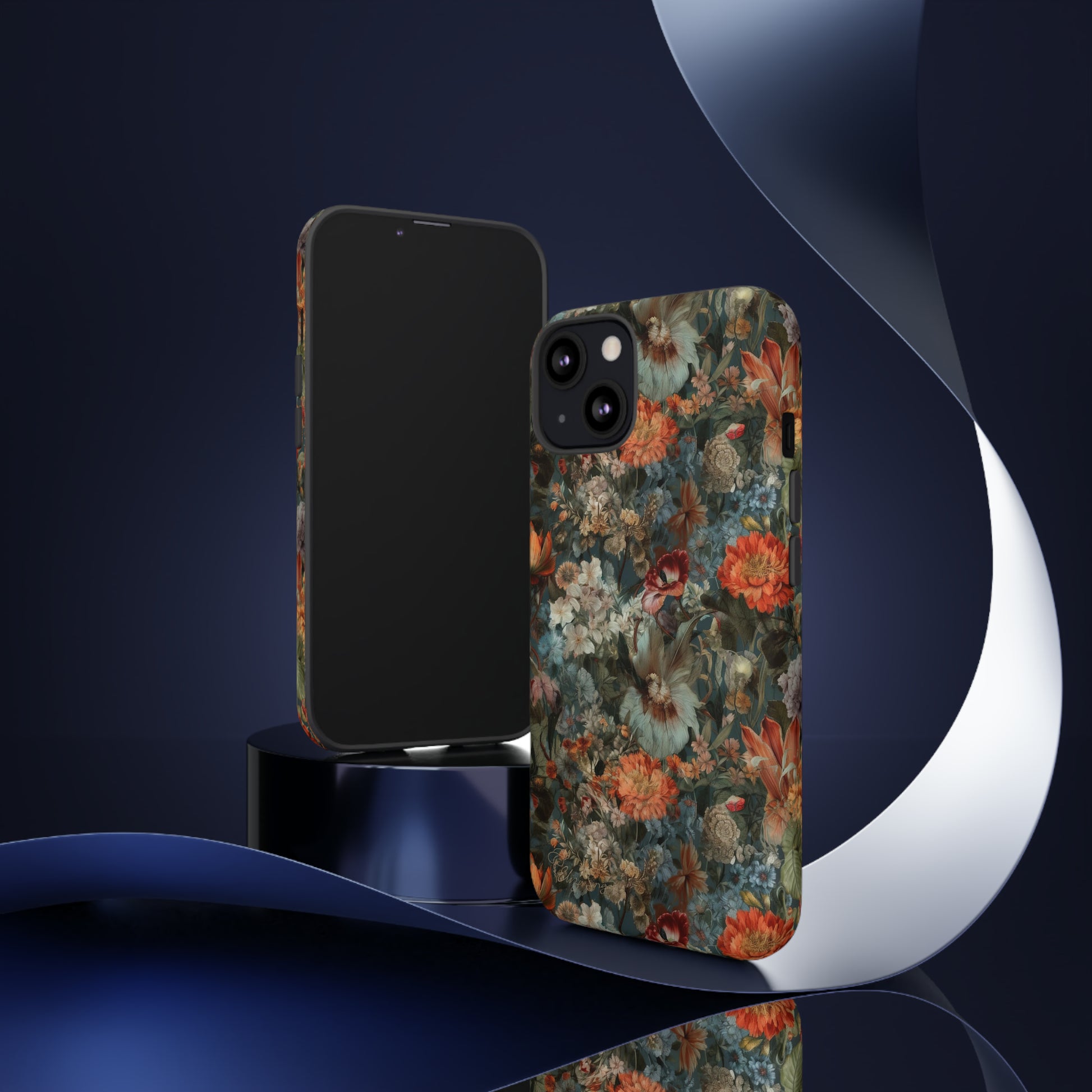 Blooms in Shadows: Botany Floral Dark Flowers iPhone Tough Protective Cover. A captivating blend of Flowers in muted colors, compatible with iPhone 15, 14, 13, XS, XR Pro/Max/Mini/P/Plus. Unleash Nature's Elegance with Durability and Style. #ElizaSinger #PhoneCase #FloralDesign