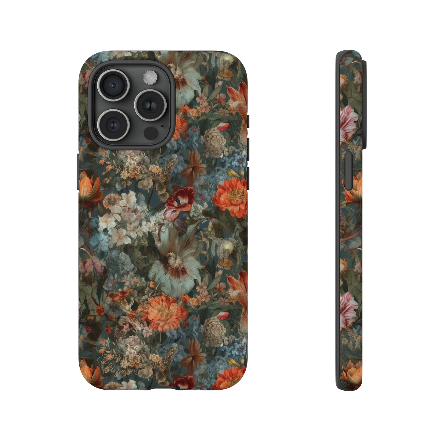 Blooms in Shadows: Botany Floral Dark Flowers iPhone Tough Protective Cover. A captivating blend of Flowers in muted colors, compatible with iPhone 15, 14, 13, XS, XR Pro/Max/Mini/P/Plus. Unleash Nature's Elegance with Durability and Style. #ElizaSinger #PhoneCase #FloralDesign
