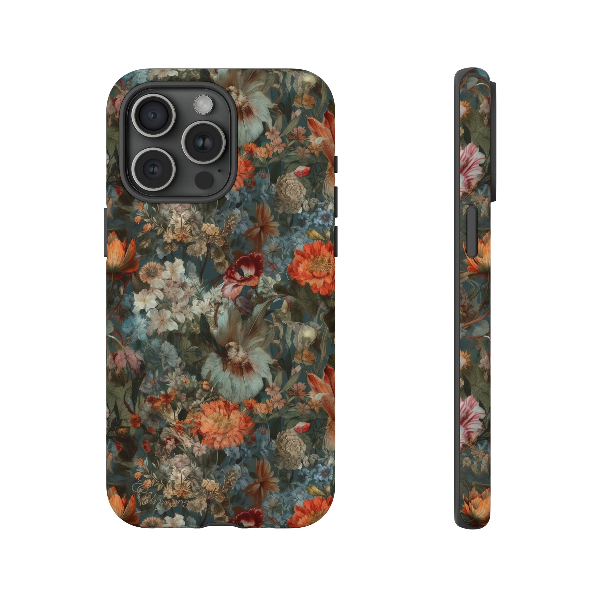 Blooms in Shadows: Botany Floral Dark Flowers iPhone Tough Protective Cover. A captivating blend of Flowers in muted colors, compatible with iPhone 15, 14, 13, XS, XR Pro/Max/Mini/P/Plus. Unleash Nature's Elegance with Durability and Style. #ElizaSinger #PhoneCase #FloralDesign