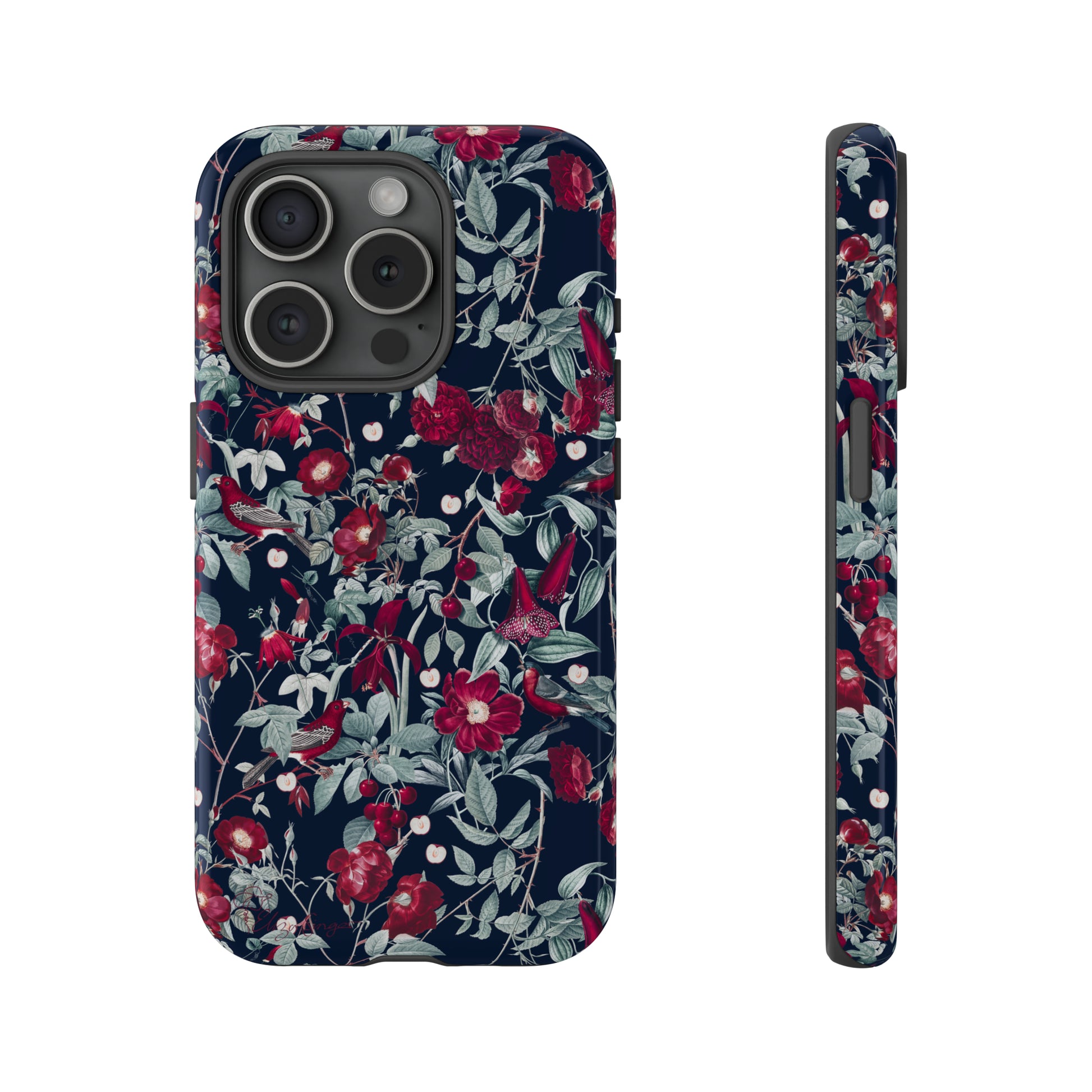Blossom Serenade: Cherry Blossom Serenade Burgundy Navy Dark iPhone Tough Protective Cover. A captivating blend of Flowers in burgundy and navy hues, featuring a muted design. Compatible with iPhone 15, 14, 13, XS, XR Pro/Max/Mini/P/Plus. Elevate your device with this enchanting and stylish protective cover. #ElizaSinger #PhoneCase #FloralDesign