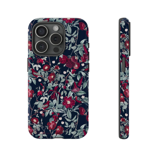Blossom Serenade: Cherry Blossom Serenade Burgundy Navy Dark iPhone Tough Protective Cover. A captivating blend of Flowers in burgundy and navy hues, featuring a muted design. Compatible with iPhone 15, 14, 13, XS, XR Pro/Max/Mini/P/Plus. Elevate your device with this enchanting and stylish protective cover. #ElizaSinger #PhoneCase #FloralDesign