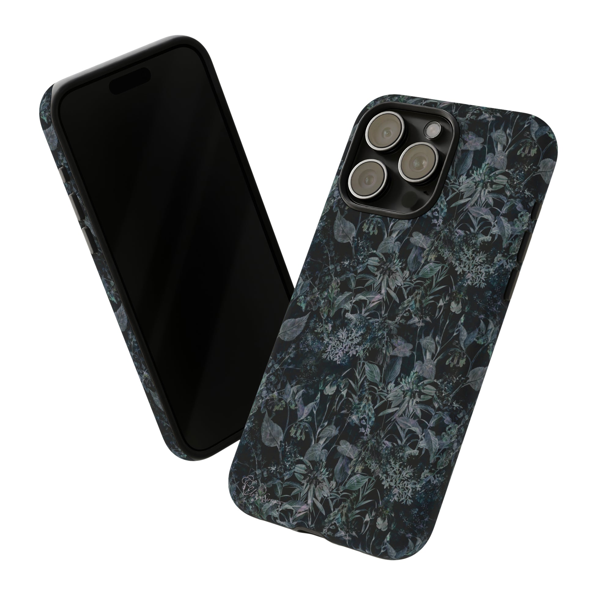 Blossom in Style: Botany Floral Dark Flowers Blue Denim iPhone Tough Protective Cover. This case features a Flower and Muted Grey Design, compatible with iPhone 15, 14, 13, XS, XR Pro/Max/Mini/P/Plus. Unleash Nature's Beauty with Style and Durability. #ElizaSinger #PhoneCase #FloralDesign