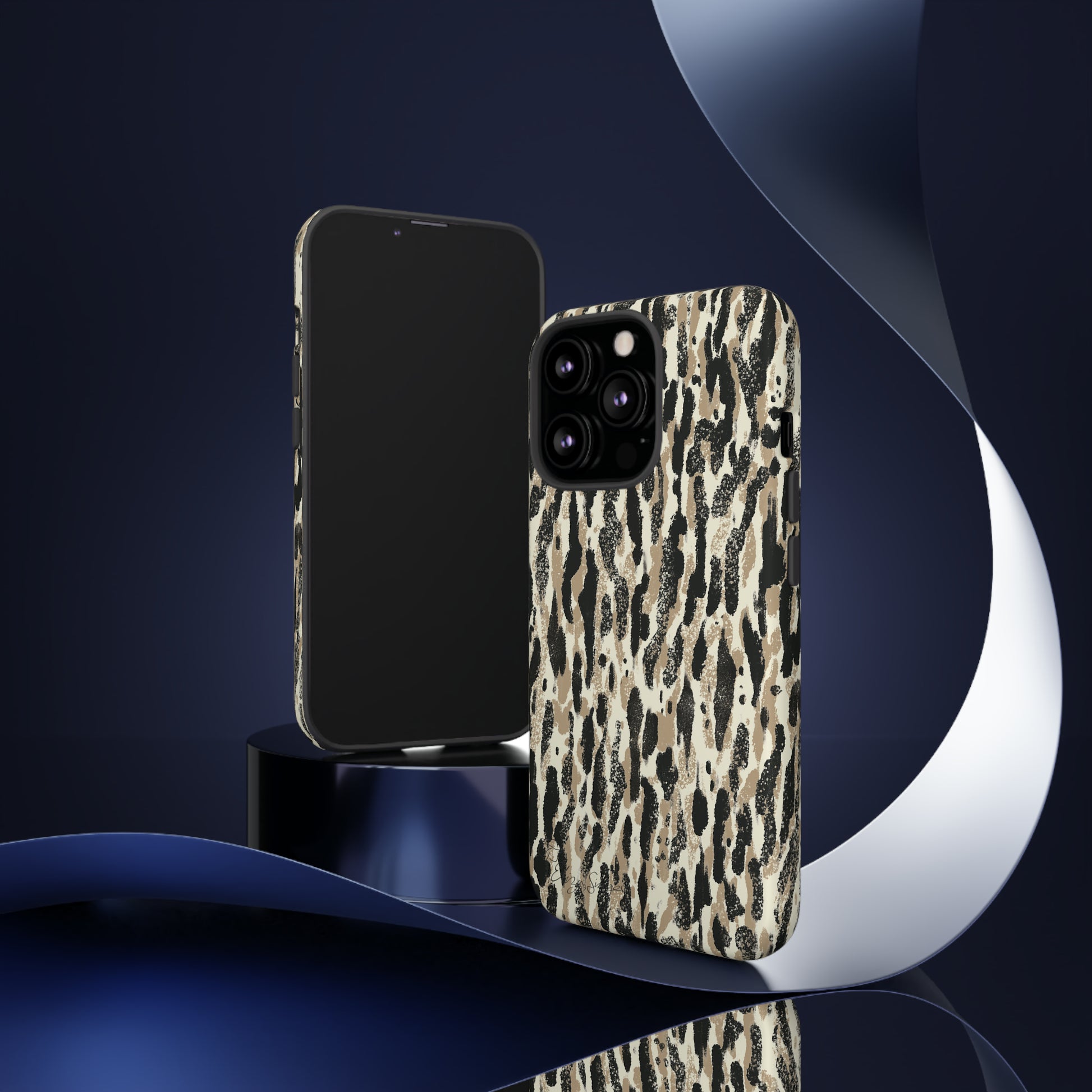 Elevate Your Tech: Abstract Neutral Animal Print iPhone Tough Protective Cover. Leopard-Painted Design in Beige and Black. Compatible with iPhone 15, 14, 13, XS, XR Pro/Max/Mini/P/Plus. Unleash the Wild with Style and Durability. #ElizaSinger #PhoneCase #LeopardPrint 
