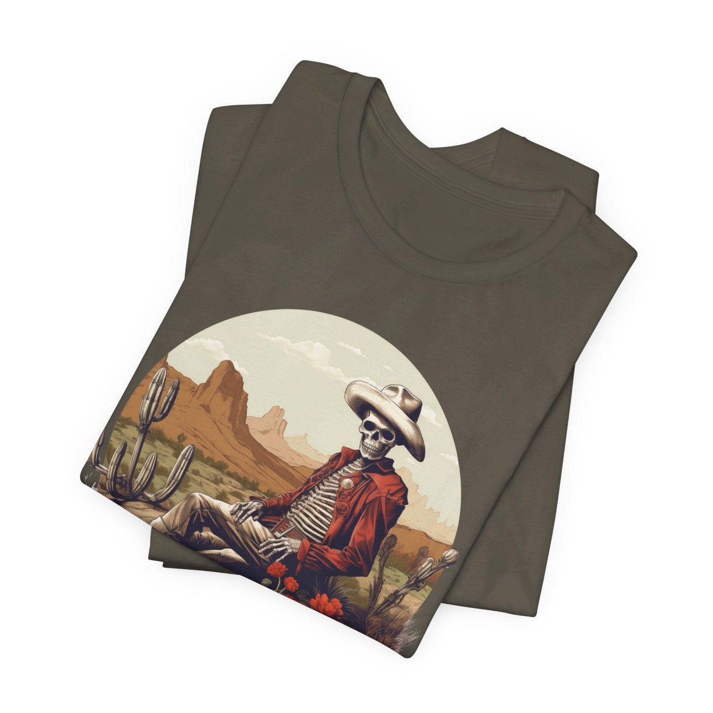 Skeleton Cowboy in Desert: Red Blazer Bella Canvas T-shirt