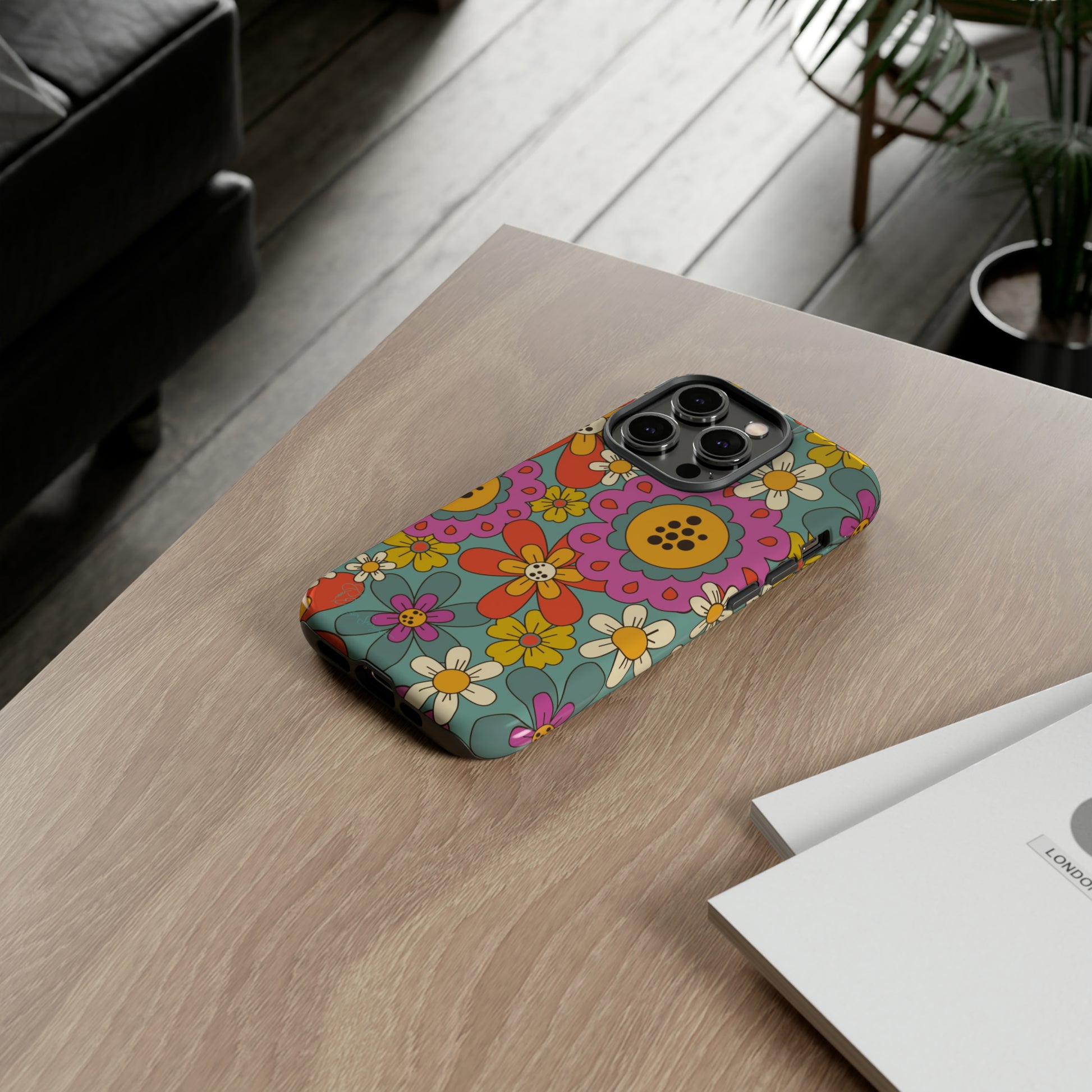 Step into the Groove: Groovy Hippie Hippy Design iPhone Tough Protective Cover. A nod to the 60's with Daisy Design in Turquoise and Pink. Compatible with iPhone 15, 14, 13, XS, XR Pro/Max/Mini/P/Plus. Embrace Retro Vibes with Style and Durability. #ElizaSinger #PhoneCase #GroovyDesign 