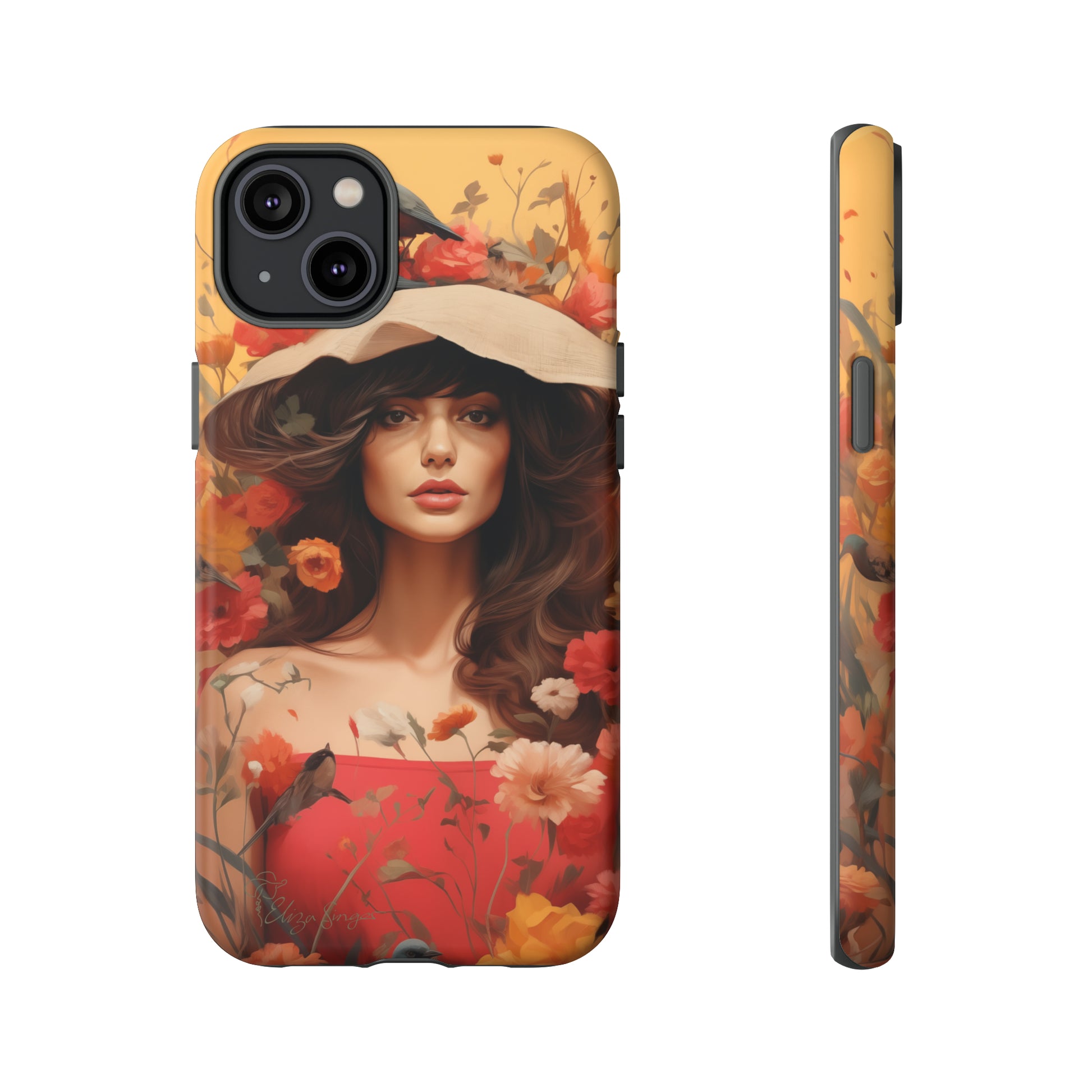 Bask in Sunshine: Embrace the warmth with our Tough Cell Phone Case. A yellow backdrop and a woman in a hat surrounded by flowers create a radiant design. Experience the perfect blend of style and protection, bringing sunshine into your everyday. Elevate your phone with a burst of brightness. #ElizaSinger #PhoneCase #SunshineRadiance