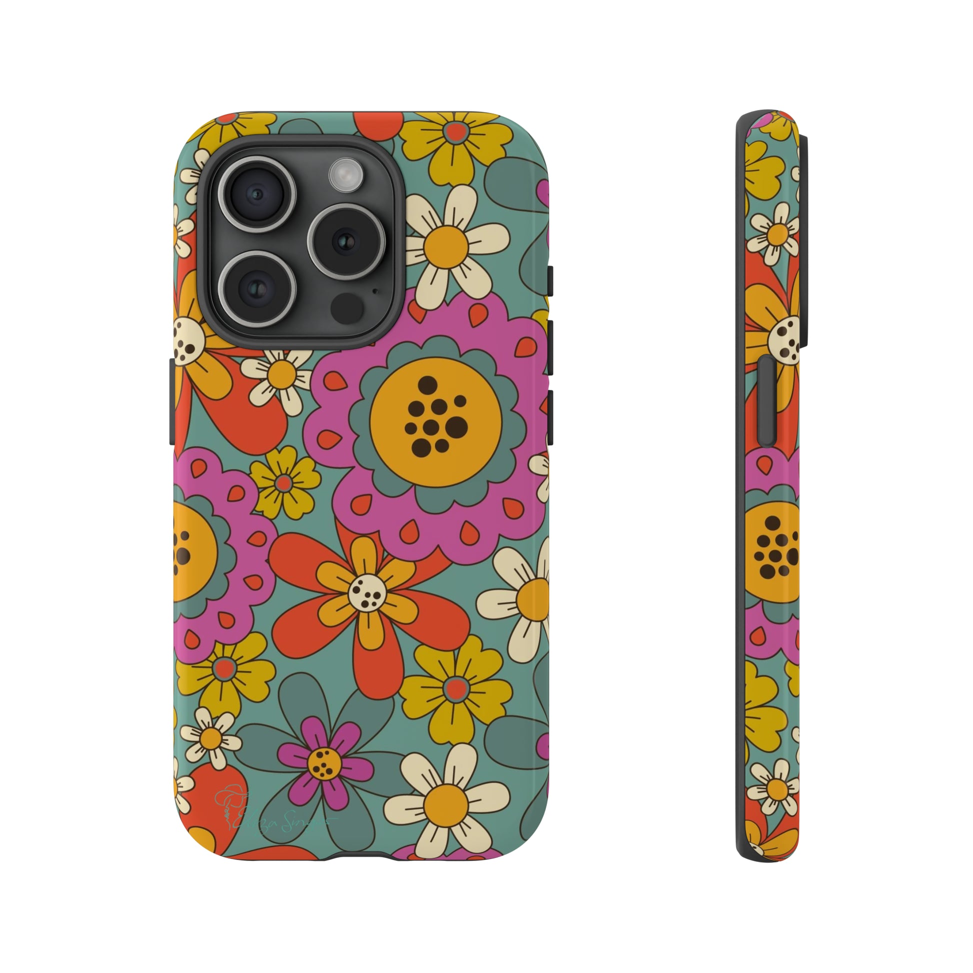 Step into the Groove: Groovy Hippie Hippy Design iPhone Tough Protective Cover. A nod to the 60's with Daisy Design in Turquoise and Pink. Compatible with iPhone 15, 14, 13, XS, XR Pro/Max/Mini/P/Plus. Embrace Retro Vibes with Style and Durability. #ElizaSinger #PhoneCase #GroovyDesign 