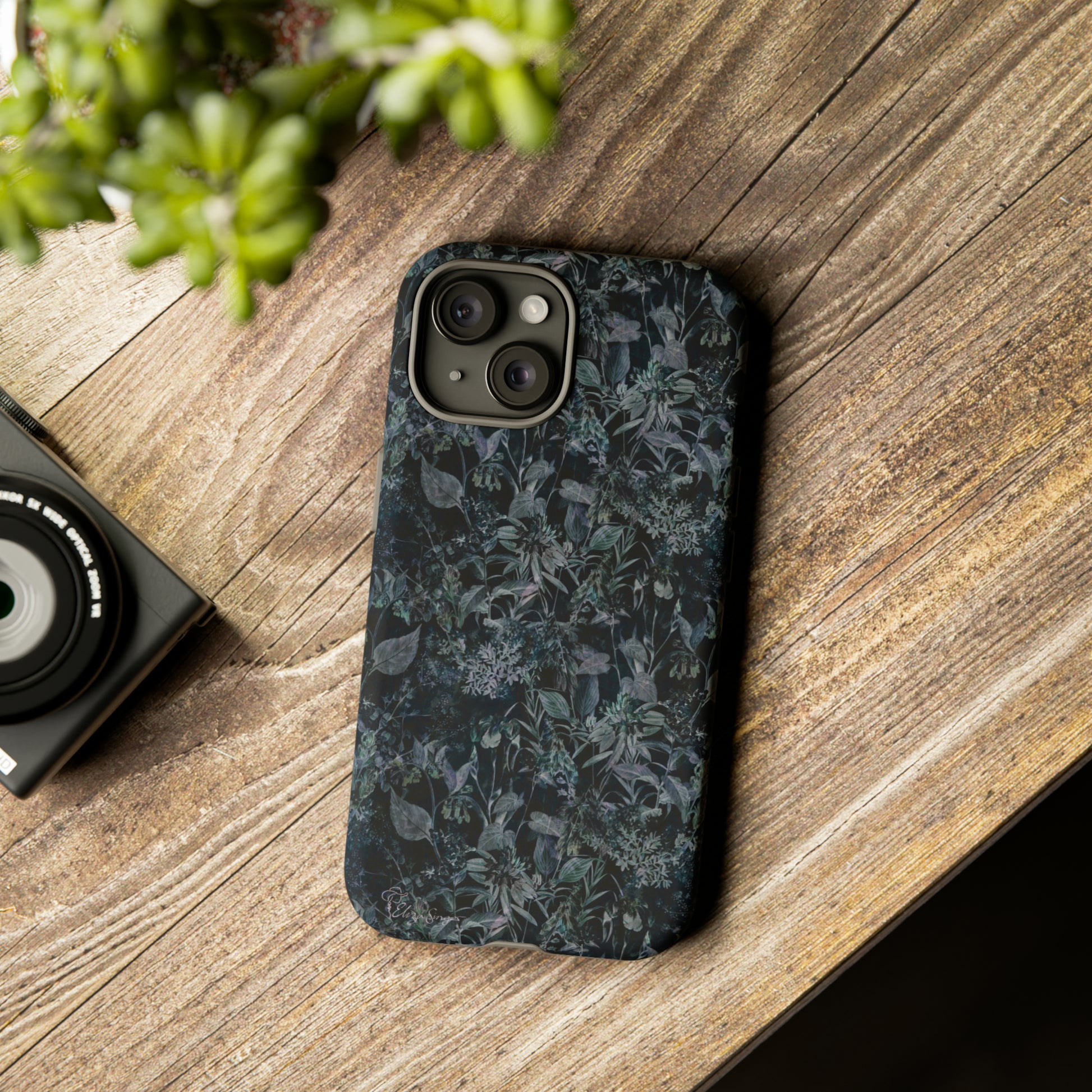 Blossom in Style: Botany Floral Dark Flowers Blue Denim iPhone Tough Protective Cover. This case features a Flower and Muted Grey Design, compatible with iPhone 15, 14, 13, XS, XR Pro/Max/Mini/P/Plus. Unleash Nature's Beauty with Style and Durability. #ElizaSinger #PhoneCase #FloralDesign