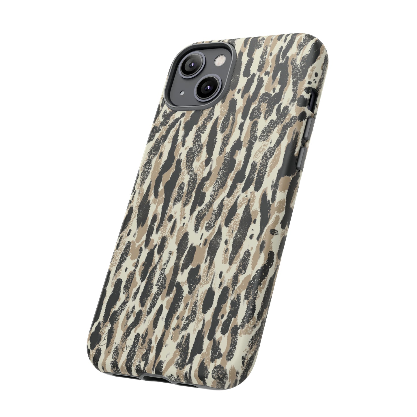 Elevate Your Tech: Abstract Neutral Animal Print iPhone Tough Protective Cover. Leopard-Painted Design in Beige and Black. Compatible with iPhone 15, 14, 13, XS, XR Pro/Max/Mini/P/Plus. Unleash the Wild with Style and Durability. #ElizaSinger #PhoneCase #LeopardPrint 