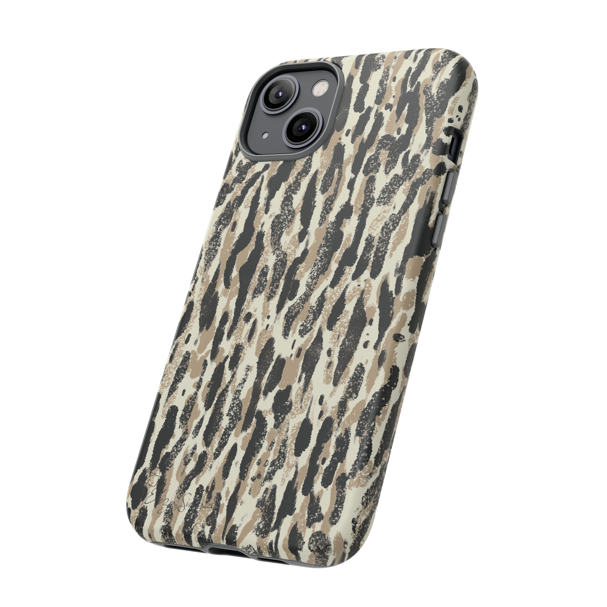 Elevate Your Tech: Abstract Neutral Animal Print iPhone Tough Protective Cover. Leopard-Painted Design in Beige and Black. Compatible with iPhone 15, 14, 13, XS, XR Pro/Max/Mini/P/Plus. Unleash the Wild with Style and Durability. #ElizaSinger #PhoneCase #LeopardPrint 
