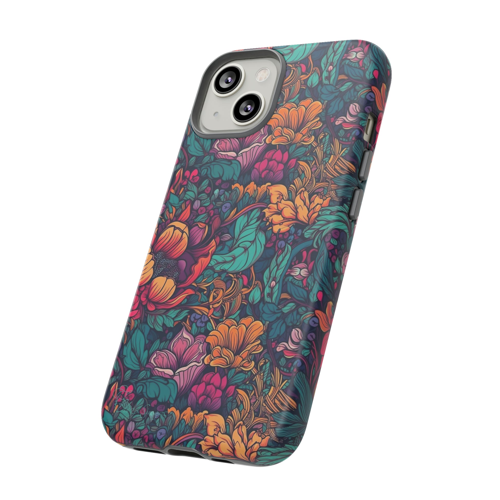 Vibrant Boho Blossoms: iPhone Tough Protective Cover. Featuring a bright abstract floral design, this case adds a touch of Bohemian flair. Compatible with iPhone 15, 14, 13, XS, XR Pro/Max/Mini/P/Plus. Embrace Boho Chic with Style and Durability. #ElizaSinger #PhoneCase #FloralDesign