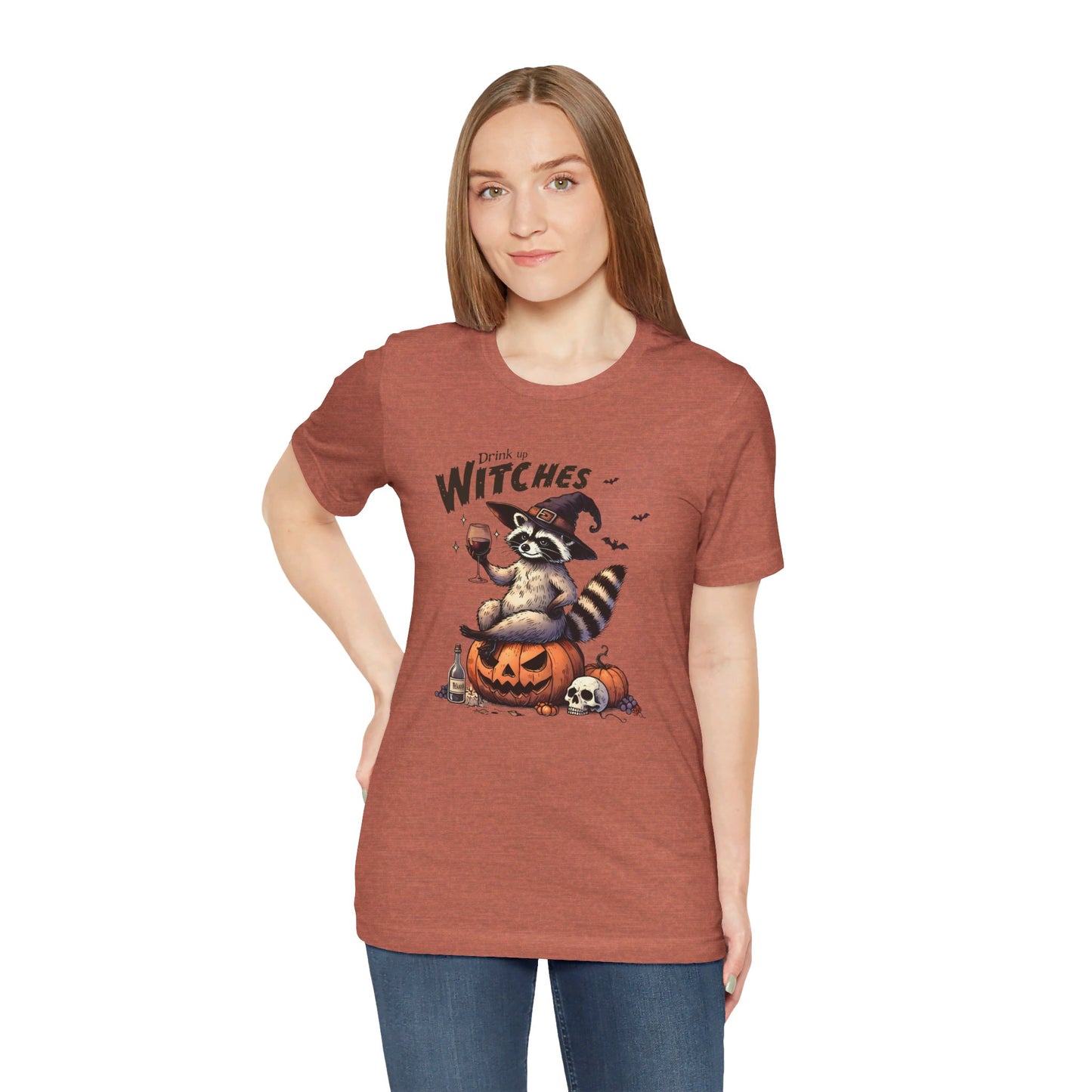 Drink Up Witches: Halloween Bella Canvas T-shirt with Raccoon