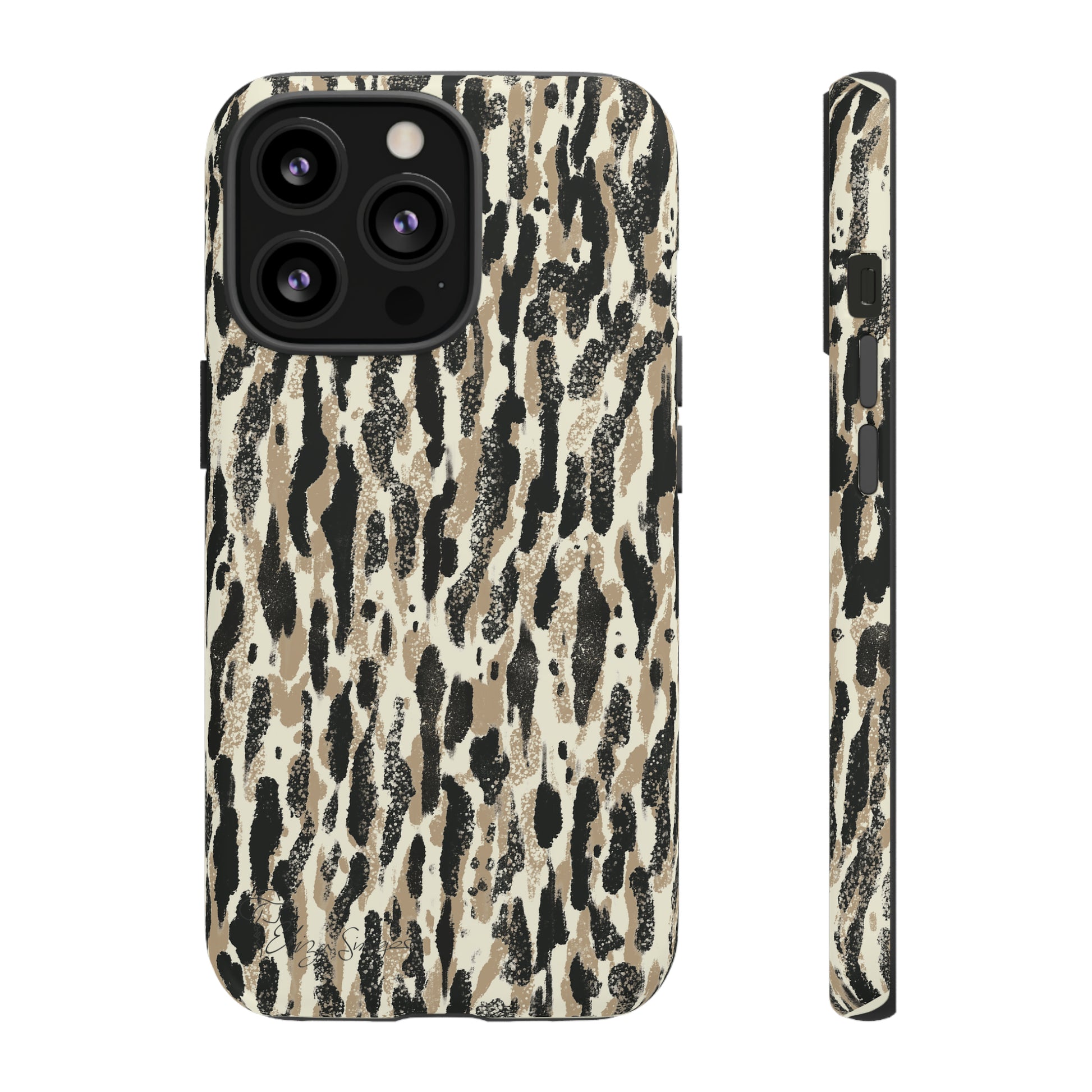 Elevate Your Tech: Abstract Neutral Animal Print iPhone Tough Protective Cover. Leopard-Painted Design in Beige and Black. Compatible with iPhone 15, 14, 13, XS, XR Pro/Max/Mini/P/Plus. Unleash the Wild with Style and Durability. #ElizaSinger #PhoneCase #LeopardPrint 