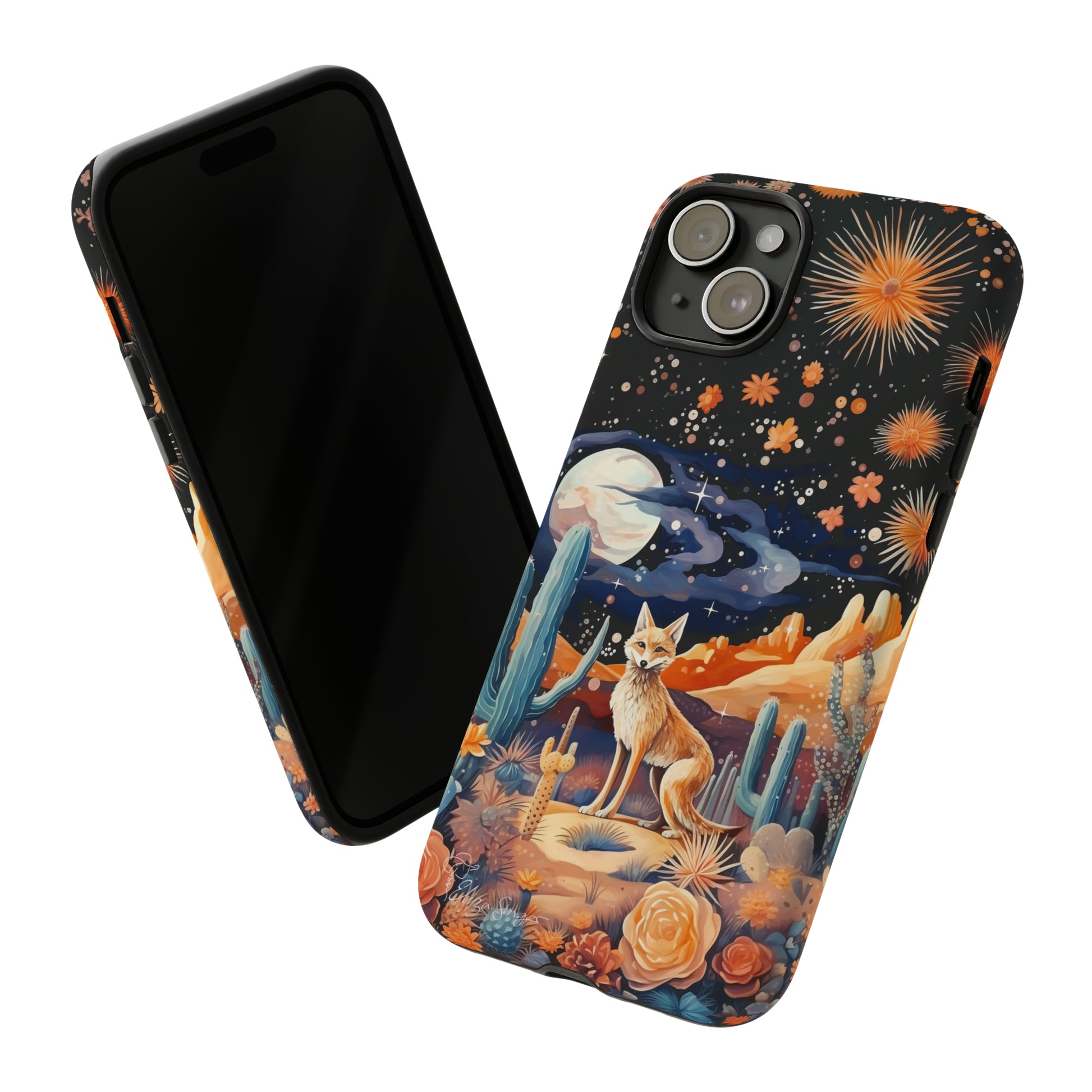 Introducing our Tough Western Cell Phone Case: Midnight Mirage Jackal Edition! Dive into the mysterious desert night with a striking depiction of a jackal, cacti, and a starry sky. This design offers the ideal combination of durability and desert charm.