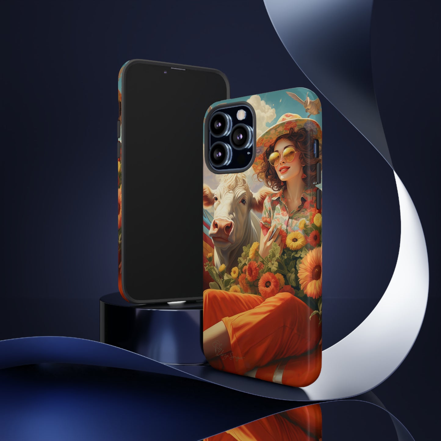 Timeless Retro Charm: Step back in time with our Tough Western Cell Phone Case. Featuring a vintage and bright design, a woman in a hat with daisies is accompanied by a cow looking over her shoulder. Experience the perfect blend of retro aesthetics and durability. Elevate your style with a touch of nostalgia. #ElizaSinger #PhoneCase #RetroStyle 