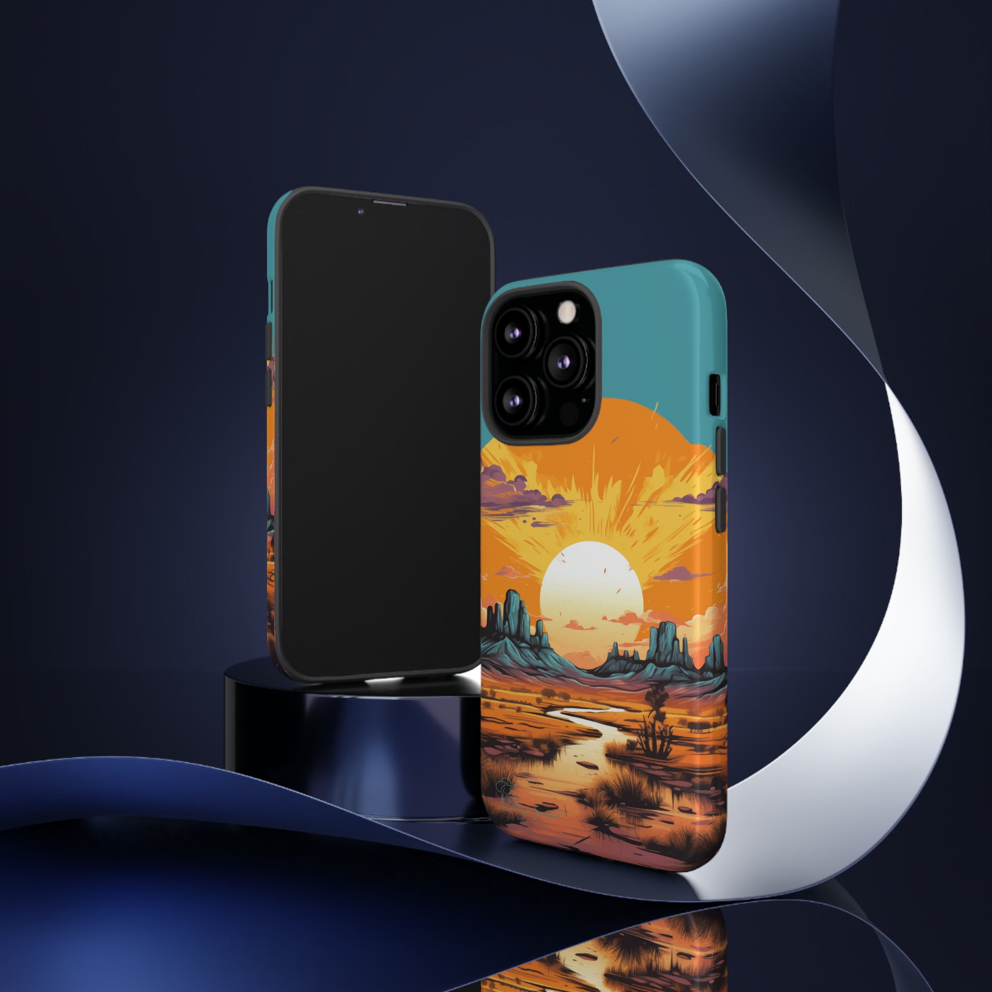 Introducing our Tough Western Cell Phone Case: Turquoise Twilight Oasis Edition! This captivating design showcases a serene landscape with a turquoise background and a mesmerizing setting sun. Enjoy the perfect blend of rugged protection and artistic flair.
