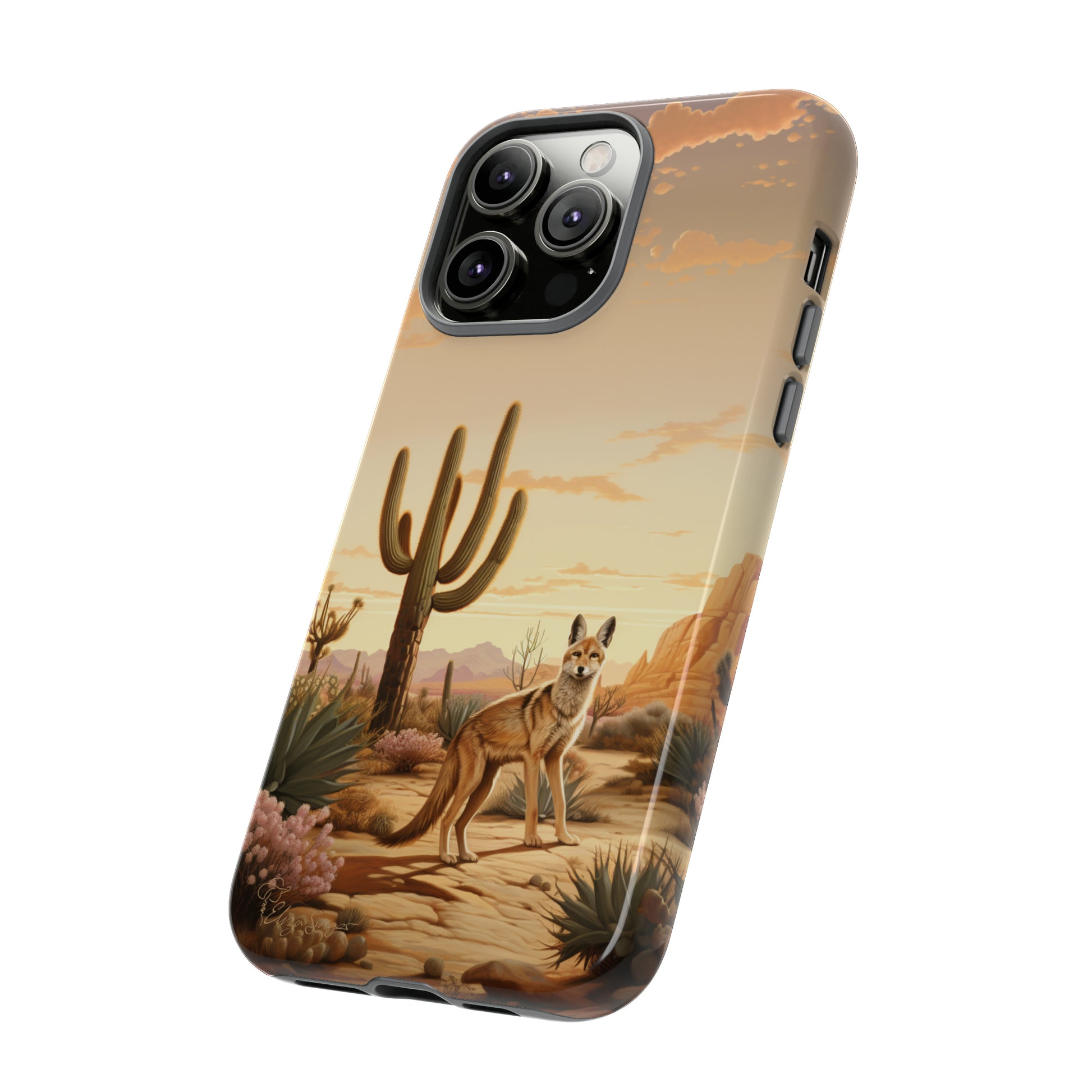 Unveiling our Western Tough Cell Phone Case: Dusk Jackal Oasis Edition! Witness the beauty of dusk with a jackal in a desert landscape next to a cactus. This design offers both rugged protection and a touch of twilight elegance.