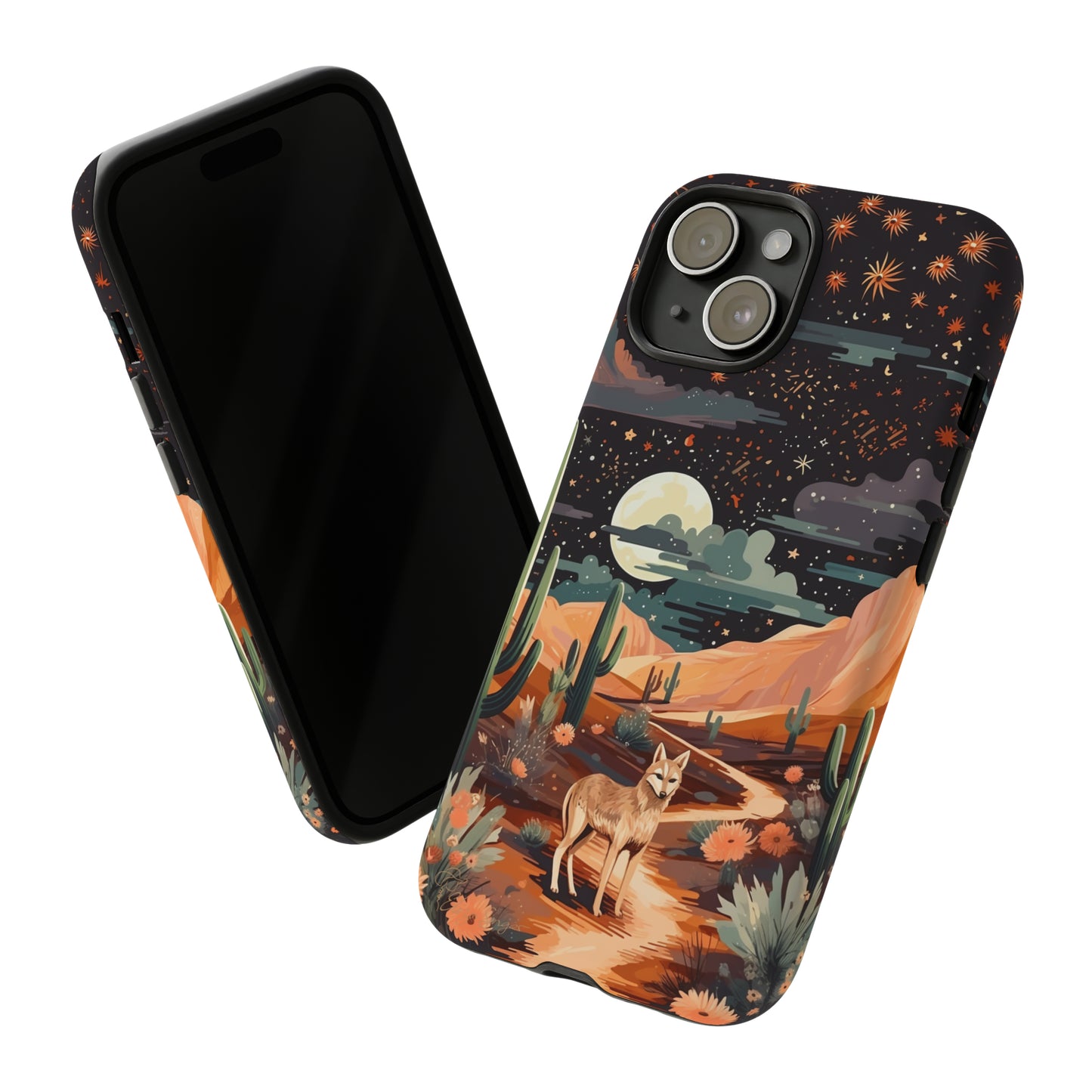 Unveiling our Tough Western Cell Phone Case: Stellar Desert Jackal Edition! Embrace the beauty of the night with a jackal in a desert landscape, under a starry sky, surrounded by cacti. This case provides rugged protection with a touch of celestial elegance.