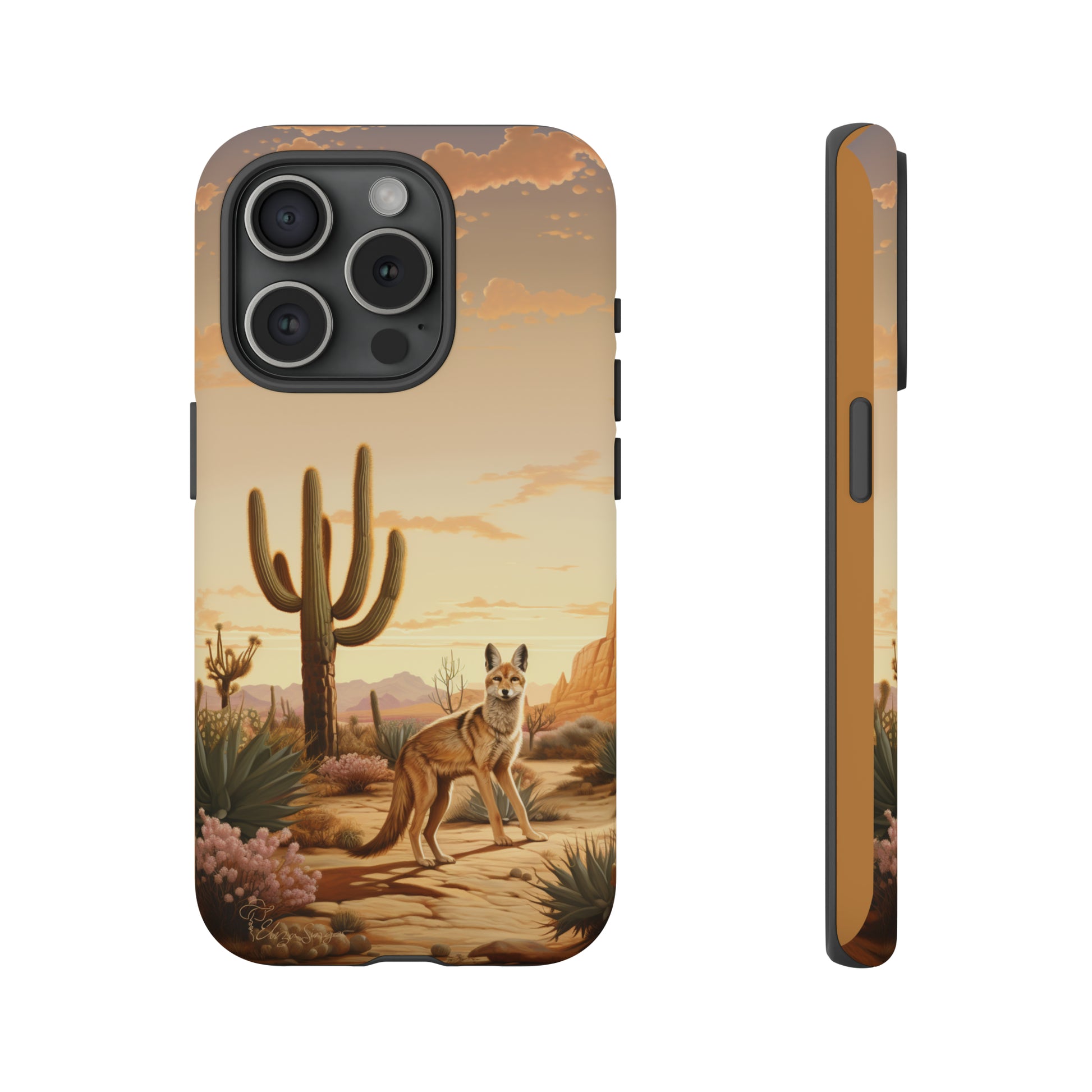 Unveiling our Western Tough Cell Phone Case: Dusk Jackal Oasis Edition! Witness the beauty of dusk with a jackal in a desert landscape next to a cactus. This design offers both rugged protection and a touch of twilight elegance.
