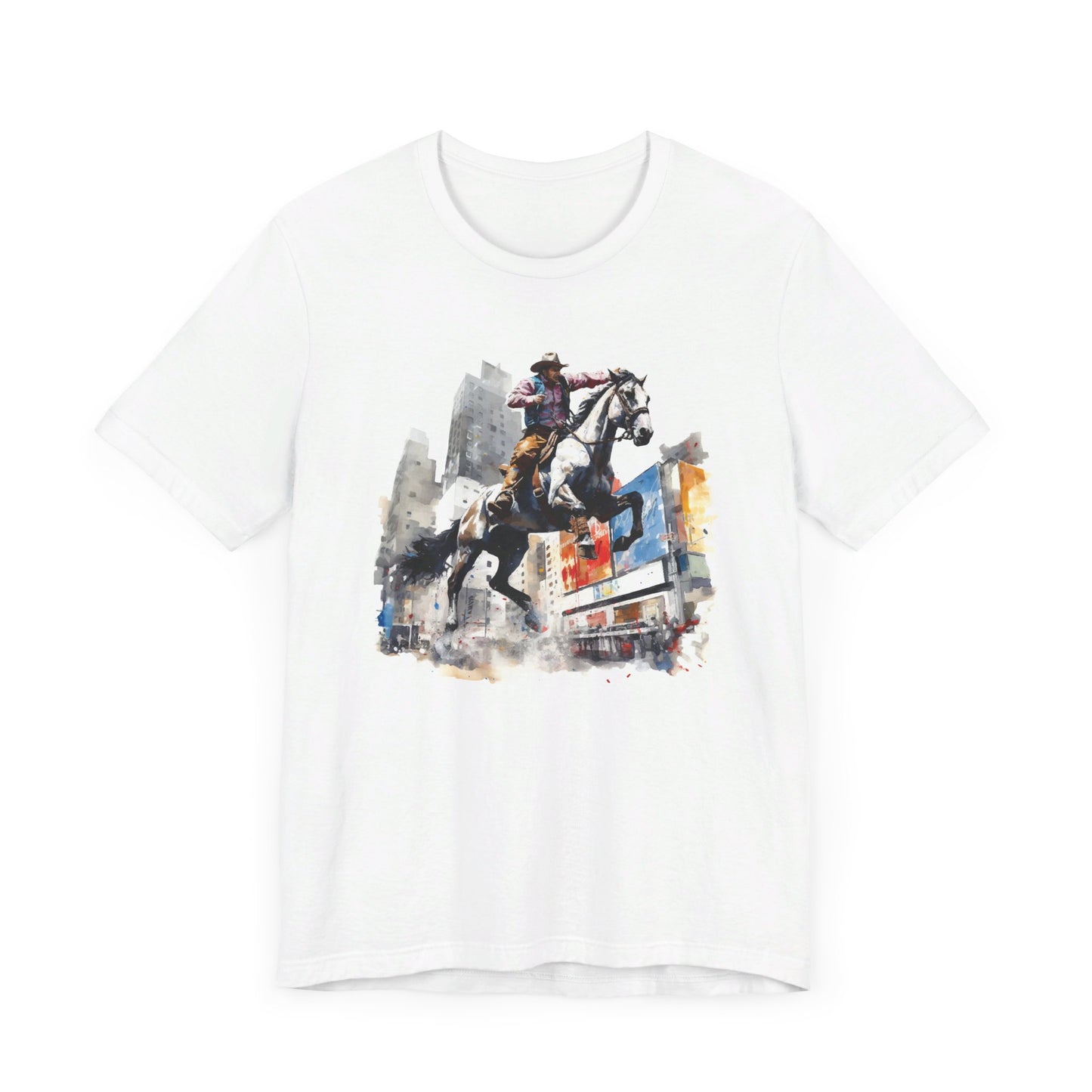 City Rodeo: Bella Canvas T-shirt with Cowboy in Urban Landscape