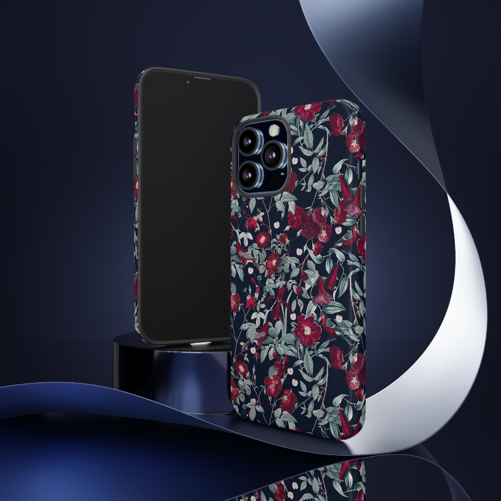 Blossom Serenade: Cherry Blossom Serenade Burgundy Navy Dark iPhone Tough Protective Cover. A captivating blend of Flowers in burgundy and navy hues, featuring a muted design. Compatible with iPhone 15, 14, 13, XS, XR Pro/Max/Mini/P/Plus. Elevate your device with this enchanting and stylish protective cover. #ElizaSinger #PhoneCase #FloralDesign