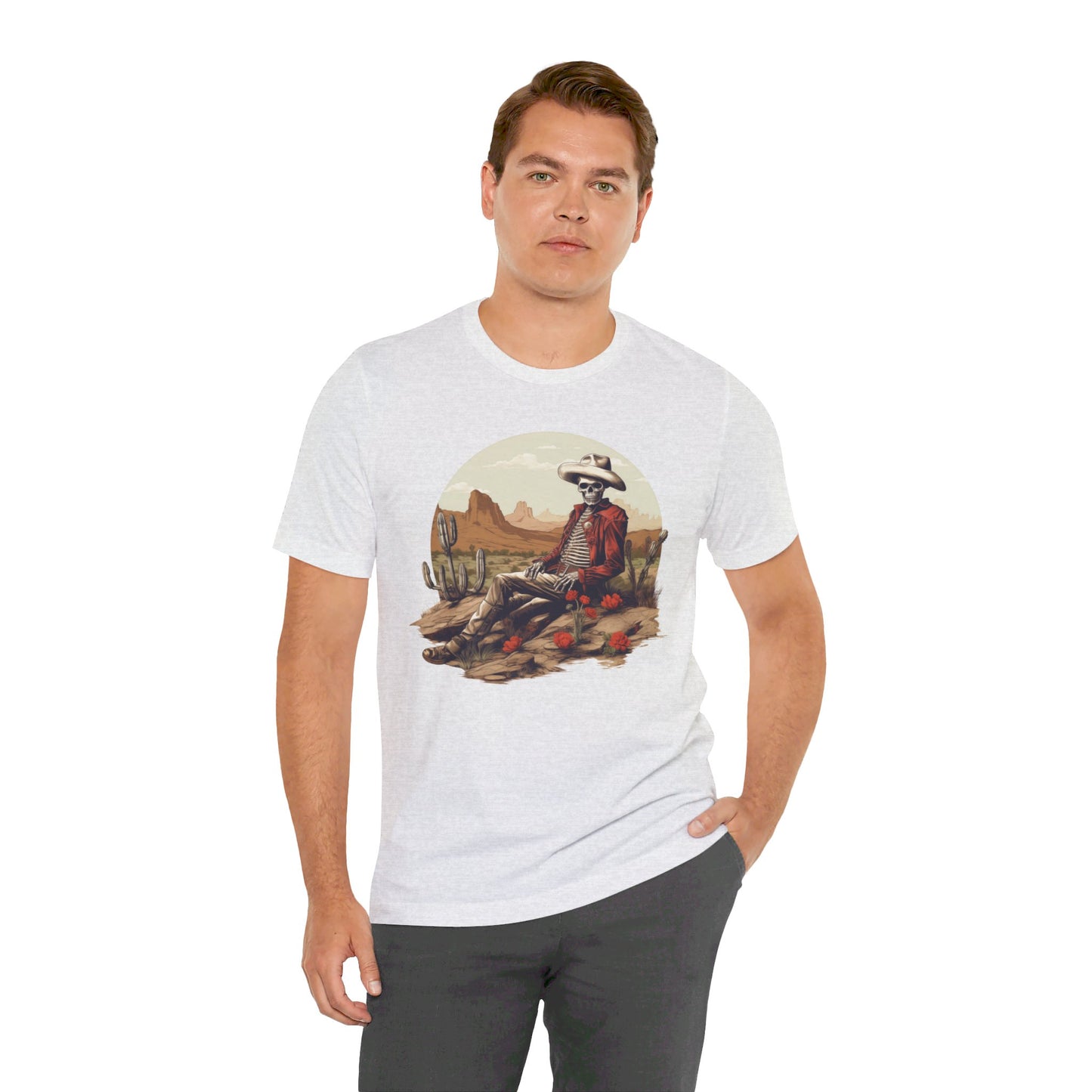 Skeleton Cowboy in Desert: Red Blazer Bella Canvas T-shirt